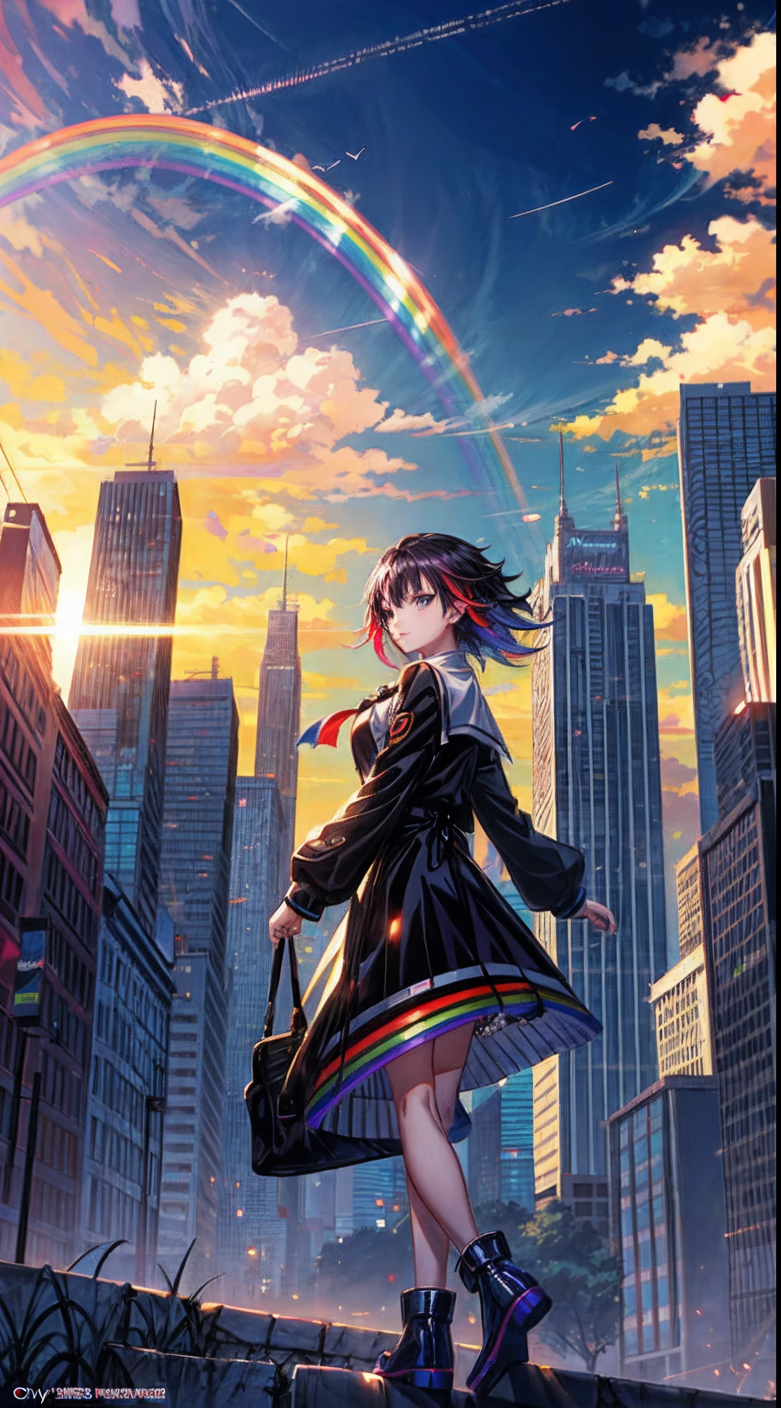 ((Rainbow Daytime Sky))、Anime girl looking at big city landscape,Near Future City、 makoto shinkai cyril rolando, anime art wallpaper 4k, anime art wallpaper 4k, Anime art wallpaper 8k, inspired by Cyril Rolando, in the style dan mumford artwork, amazing wallpapers, by Yuumei