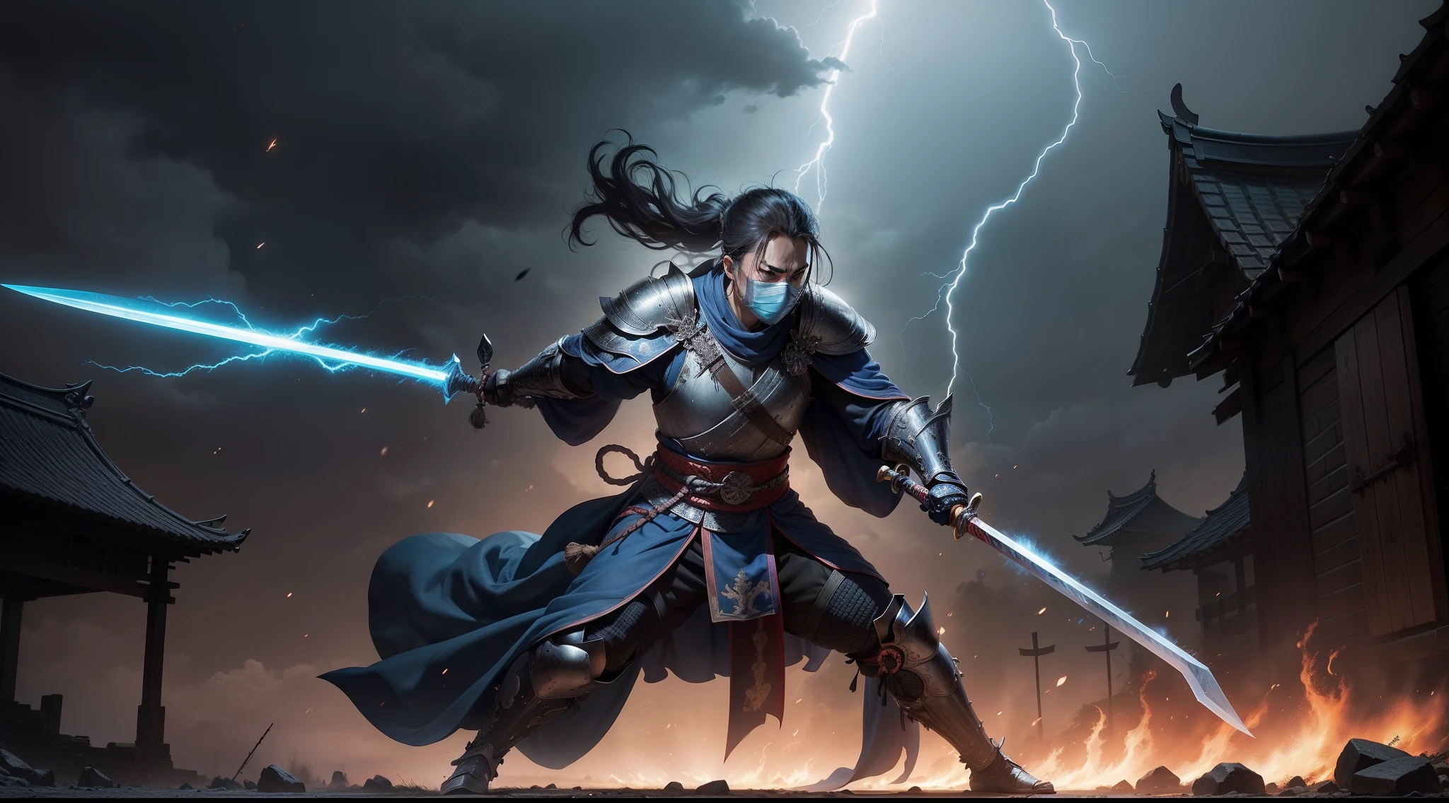 samurai warrior wearing a steel mask,full body, eyes that emit lightning sparks, with a blue robe, using the power of lightning and a sword with a stream of lightning, wearing medieval armor, blue, background of a medieval city that was destroyed due to war with abi in all buildings, and the background back of the war of samuari in the middle ages, high quality, with high resolution