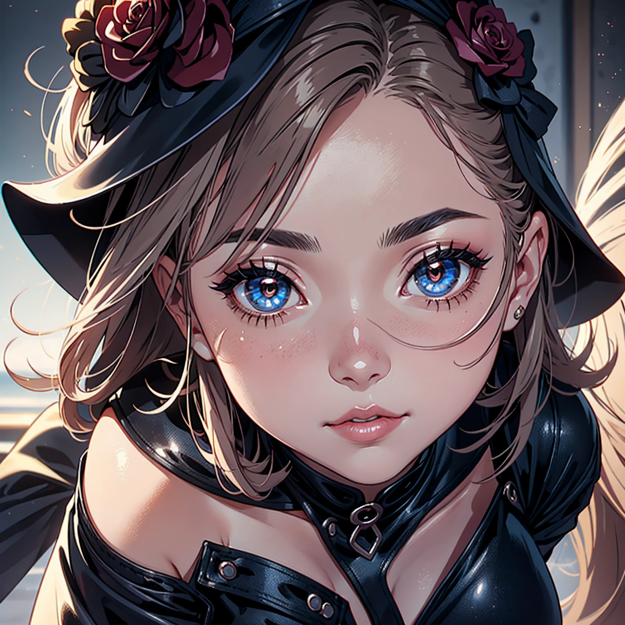Close up shot of a seductive woman's face, rosy cheeks, mysterious allure, black mask accentuating her captivating eyes.