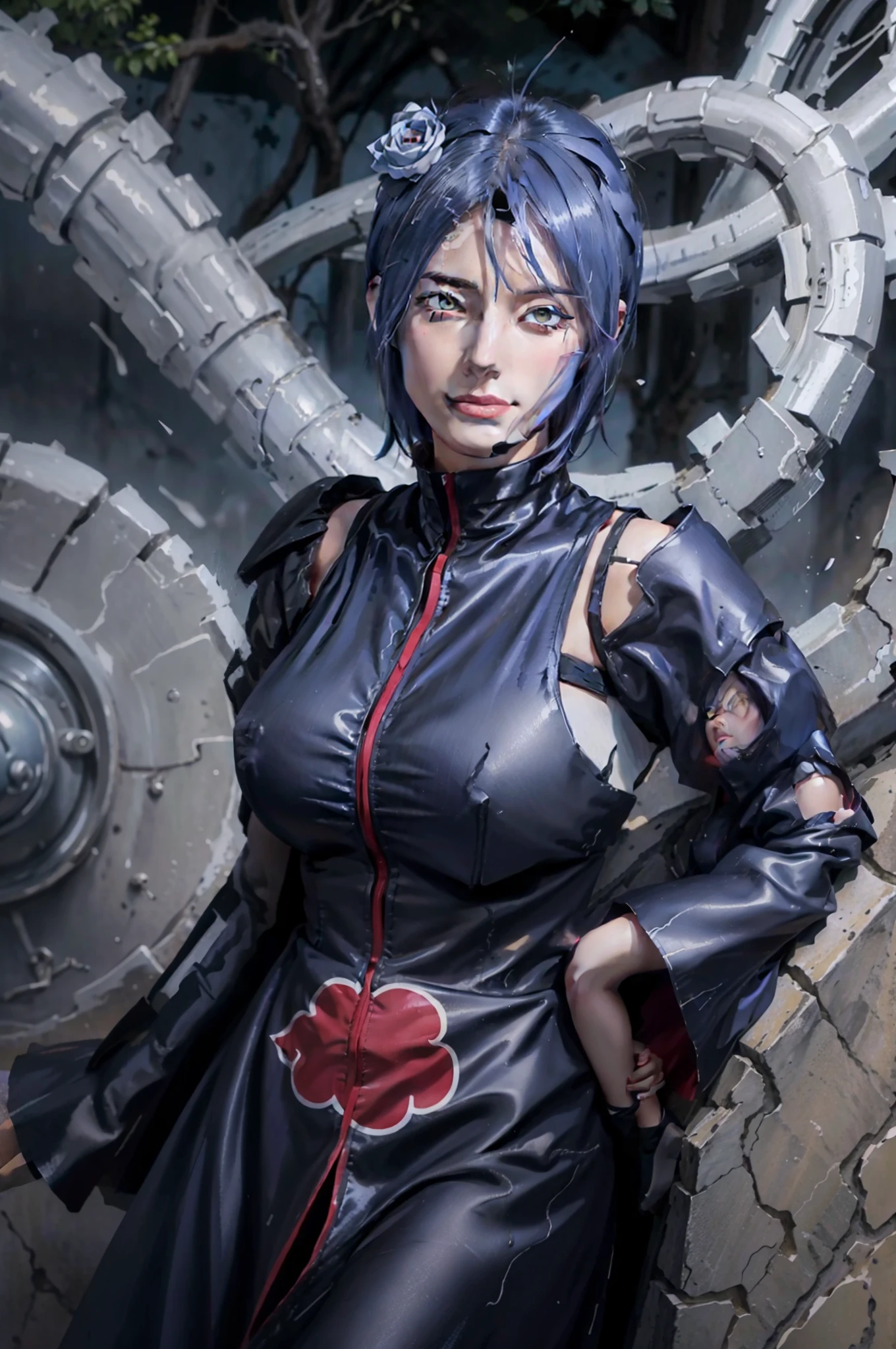 1girl, konan akatsuki in anime naruto, short hair, blue hair, yellow eyes, smile, beautiful, sexy dress, sexy clothes, black and red clothes, very big breast, realistic clothes, detail clothes, outdoor background, ultra detail, realistic