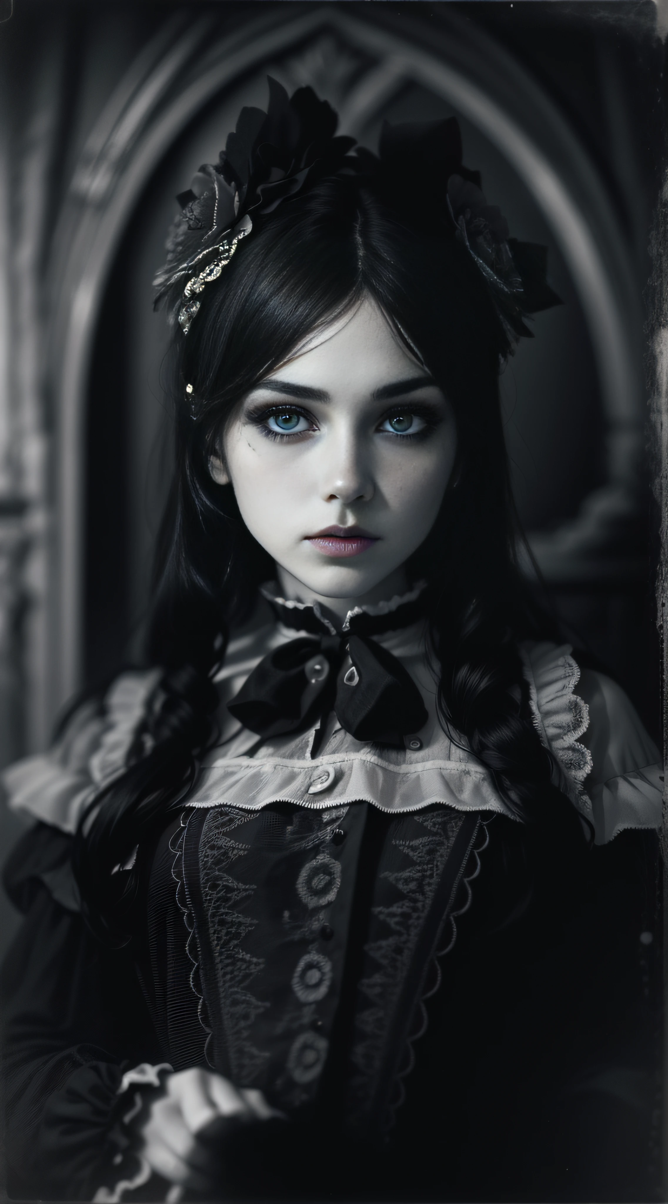 Black and White Portrait of a Young gothic lolita, grimdark style, Woman, grimdark style, Close-up, Pale Skins, heavy makeup, Depth of Fields, Bokeh, Analog Style, A photo by W. Eugene Smith, (B&W, Monochrome), Photorealistic, Hyper-realistic, Hyper-detailed, film noir, detailed skin, pores, matte skin, soft lighting, subsurface scattering, realistic, heavy shadow, masterpiece, best quality, 8k, golden ratio, Intricate, film photography, full sharp, soft focus