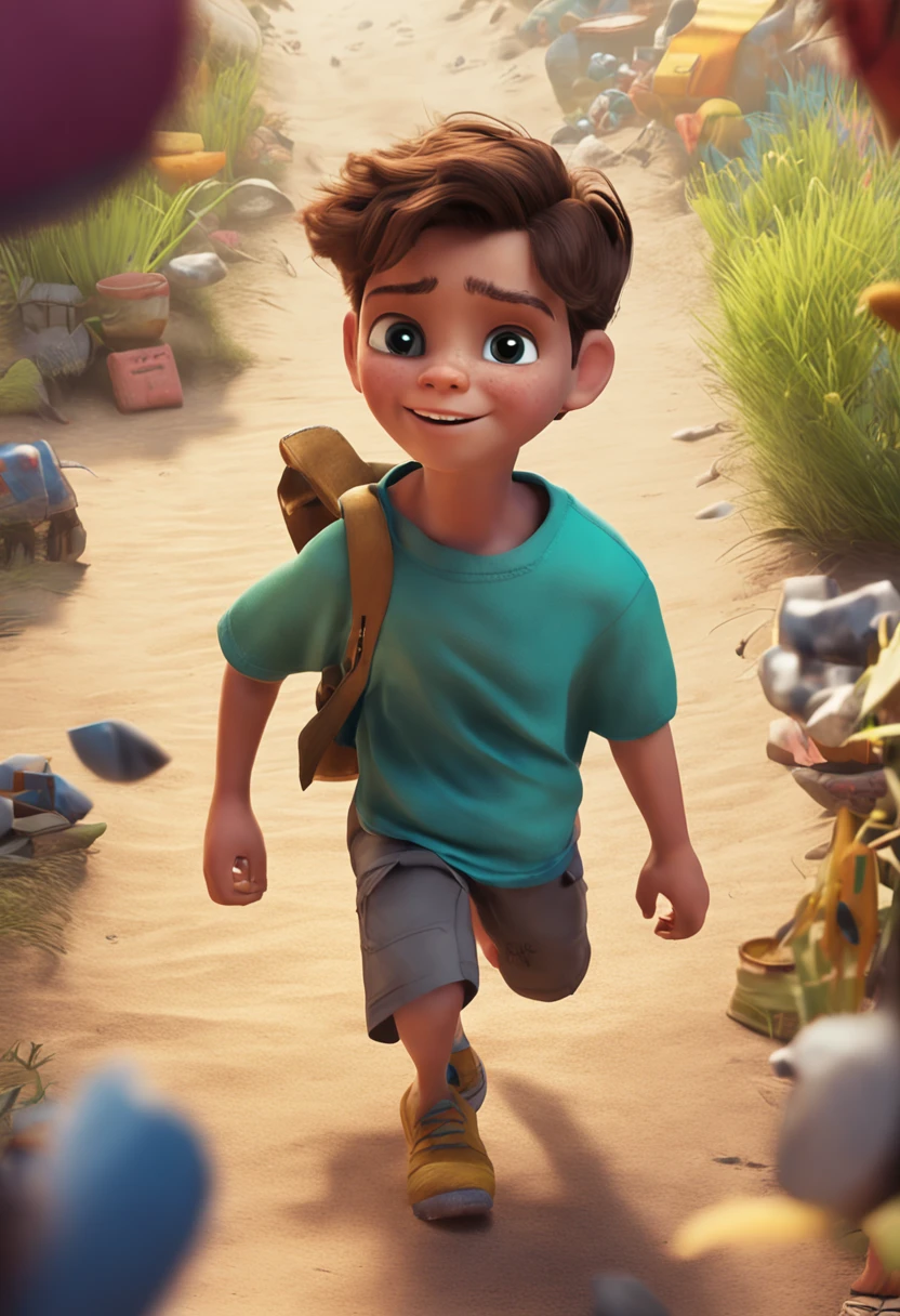 Description: Tom is a 6-year-old boy with short brown hair and big, curious brown eyes. He is wearing a blue T-shirt and green shorts.