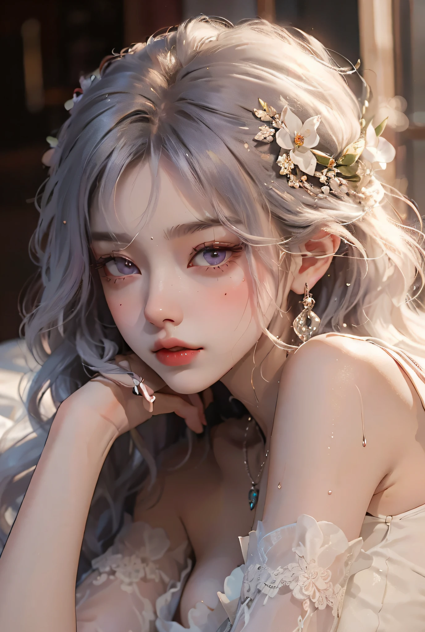 Masterpiece, Best quality, (Detailed background), High contrast, 1 girl, Wearing lace underwear, full bodyesbian, lie on one's side, (White background: 1.5), Clean line drawing, Wavy light purple hair, Bare shoulders, very big boobs, very big boobs, lying on bed, Best quality, Blush, Looking at the audience, Big seduction, Busty body, 8K, Dress sexy, Shy, Shy look, Seductive, Lust, lewd eyes, Wet skin, Bare thighs, light in face, toy bear, 18-year-old Korean idol, necklace, earing, flower in her hair