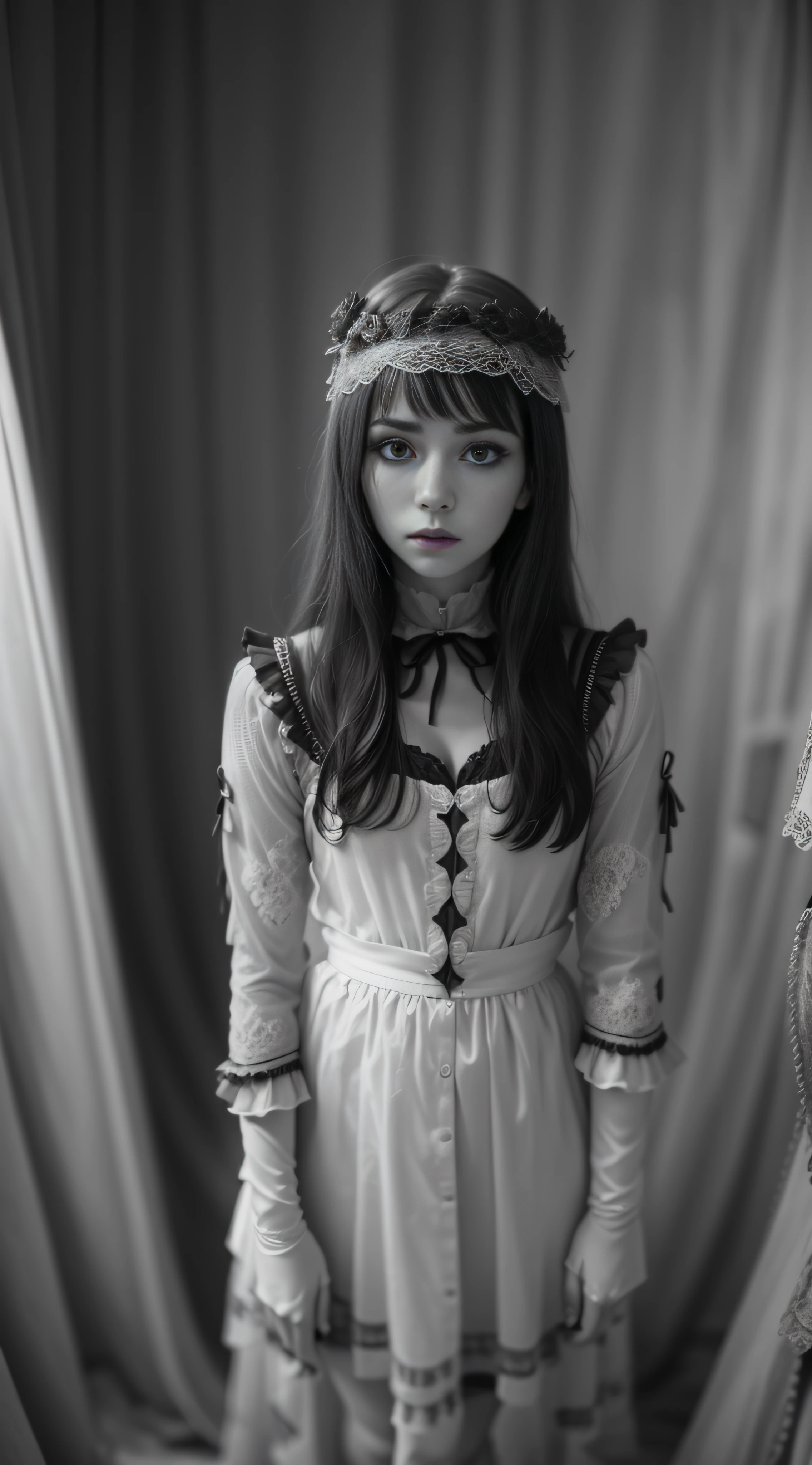 In the hauntingly beautiful and intricately detailed scene of a Victorian-era orphanage, a young girl stands as a sinister figure, enshrouded in the dimly lit, decaying confines of the ancient building. Her tattered but ornate Victorian dress hangs loosely on her frail frame, the once vivid colors now faded and dulled by time. Her pallid, ghostly face is illuminated by the flickering candlelight, revealing her sunken eyes that gleam with otherworldly malevolence.
The cracked, peeling wallpaper behind her casts eerie shadows, revealing the dark secrets and eerie history hidden within the forsaken walls.