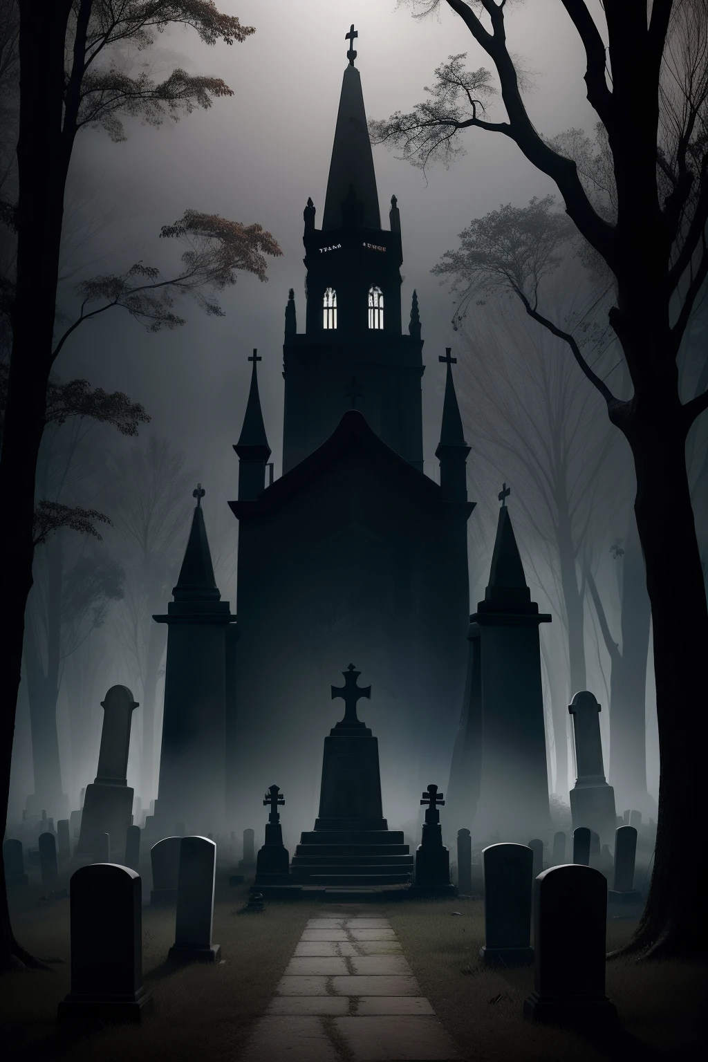 /imagine prompt: The new typographic T-shirt design for Halloween with a spooky cemetery scene. O design mostra uma noite enluarada, with twisted trees casting mysterious shadows. Lua cheia ilumina a cena, and tombstones are scattered around. The atmosphere is mysterious and haunting, with a slight mist covering the ground. The typography is bold and gothic, adicionando ao ambiente assustador. The style is illustration with intricate details, capturing the textures of trees, tombstones, e luar. Executed using digital illustration software, --AR 16:9 --V 5.