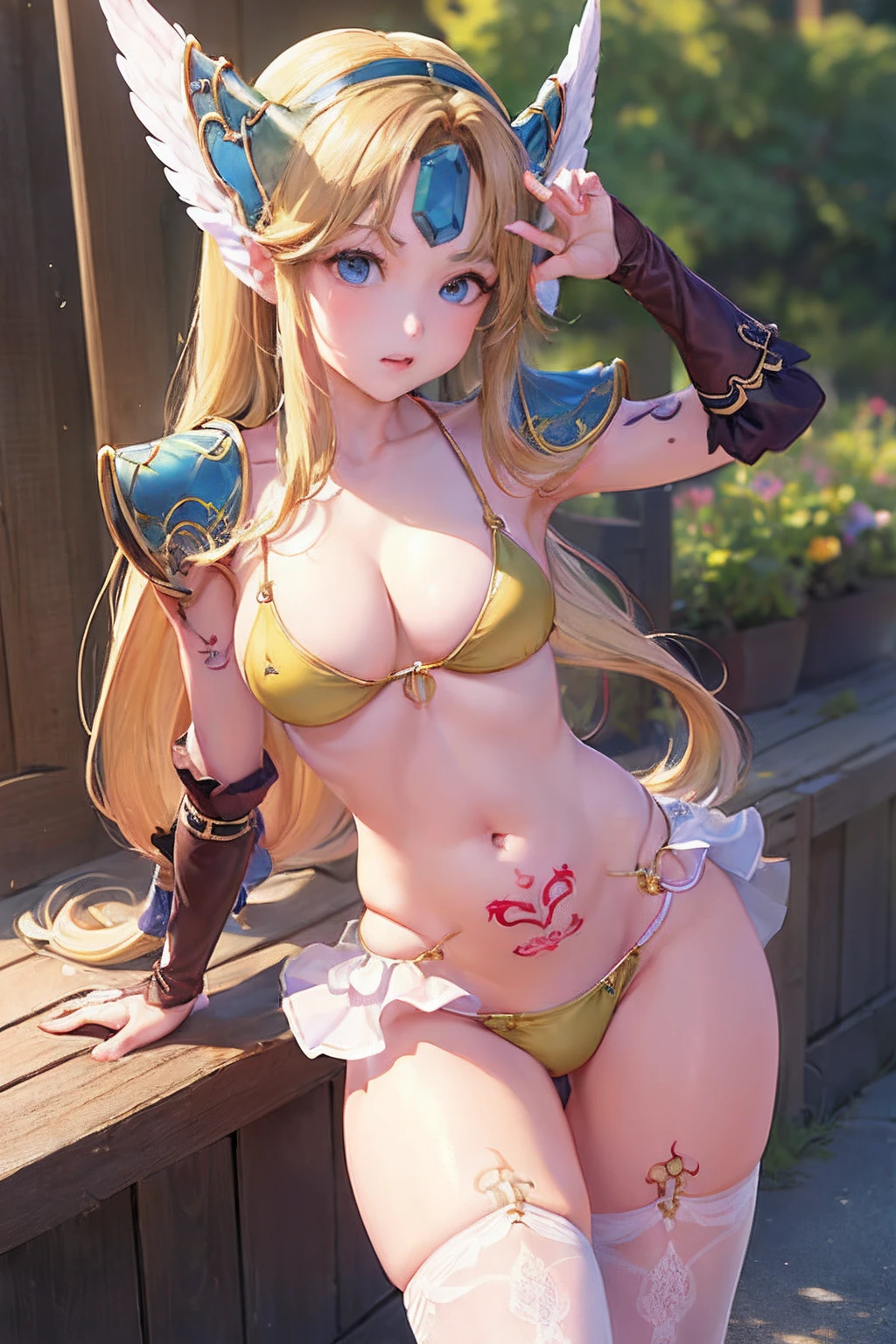 (masterpiece、top-quality:1.2), cowboy shot, 独奏, 1girll, Leeds, embarassed expression, Look at viewers, long hair with low knots, Winged helmet, doress, (((bikini-armor)))、bridal gauntlets, cleavage of the breast、(((Stockings)))、((Opening legs))、((a miniskirt))、(((Tattoo under the belly button)))