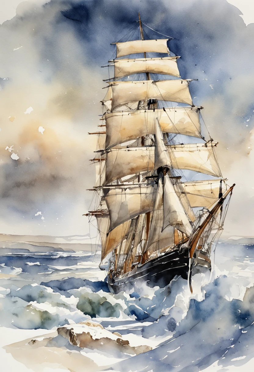 "sailing ship in Arctic waters amidst icy winds and crashing waves"