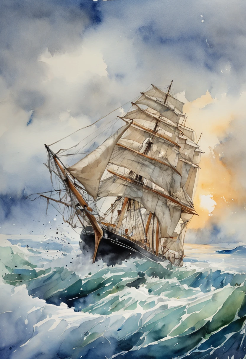 "sailing ship in Arctic waters amidst icy winds and crashing waves"