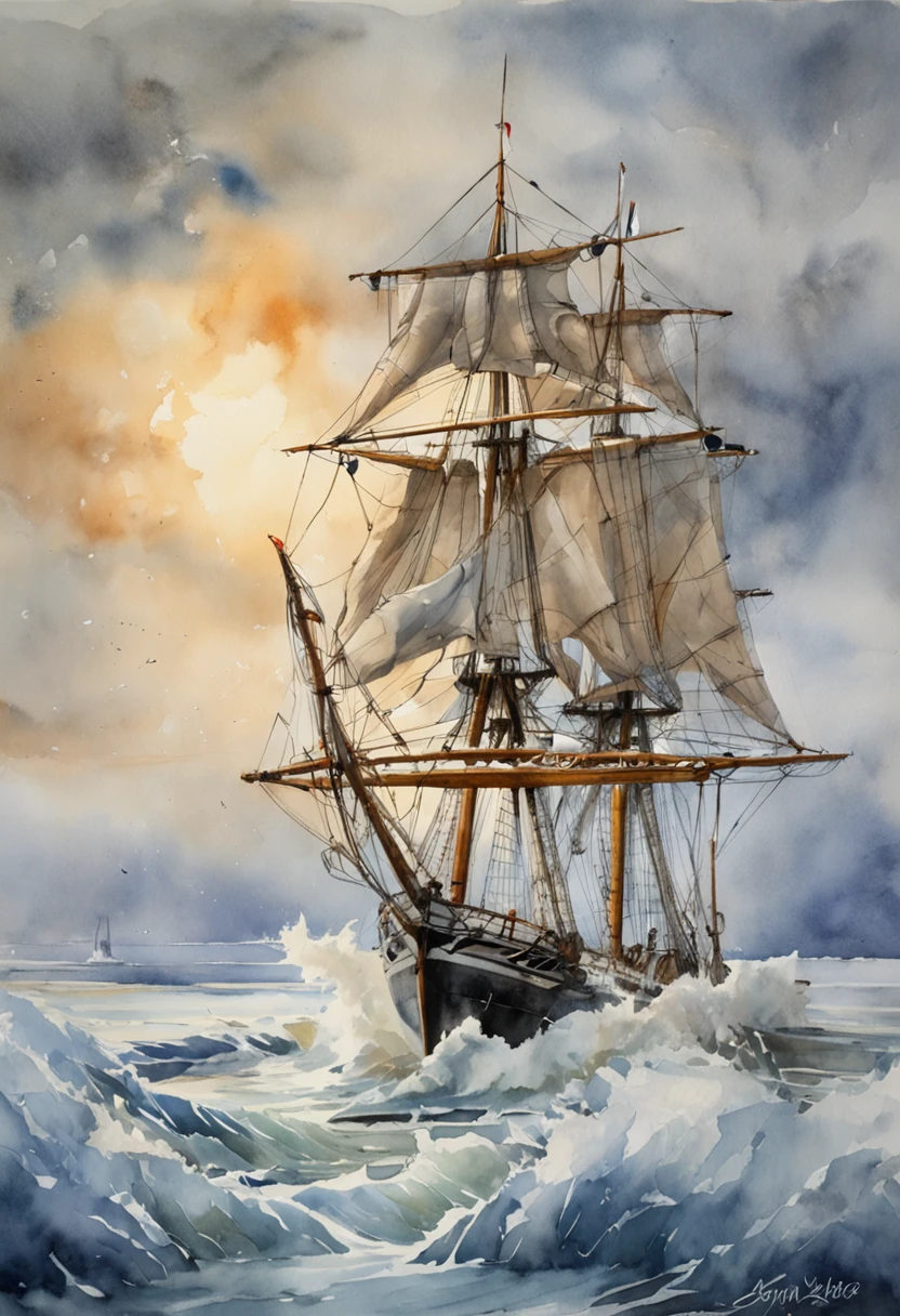 "sailing ship in Arctic waters amidst icy winds and crashing waves"