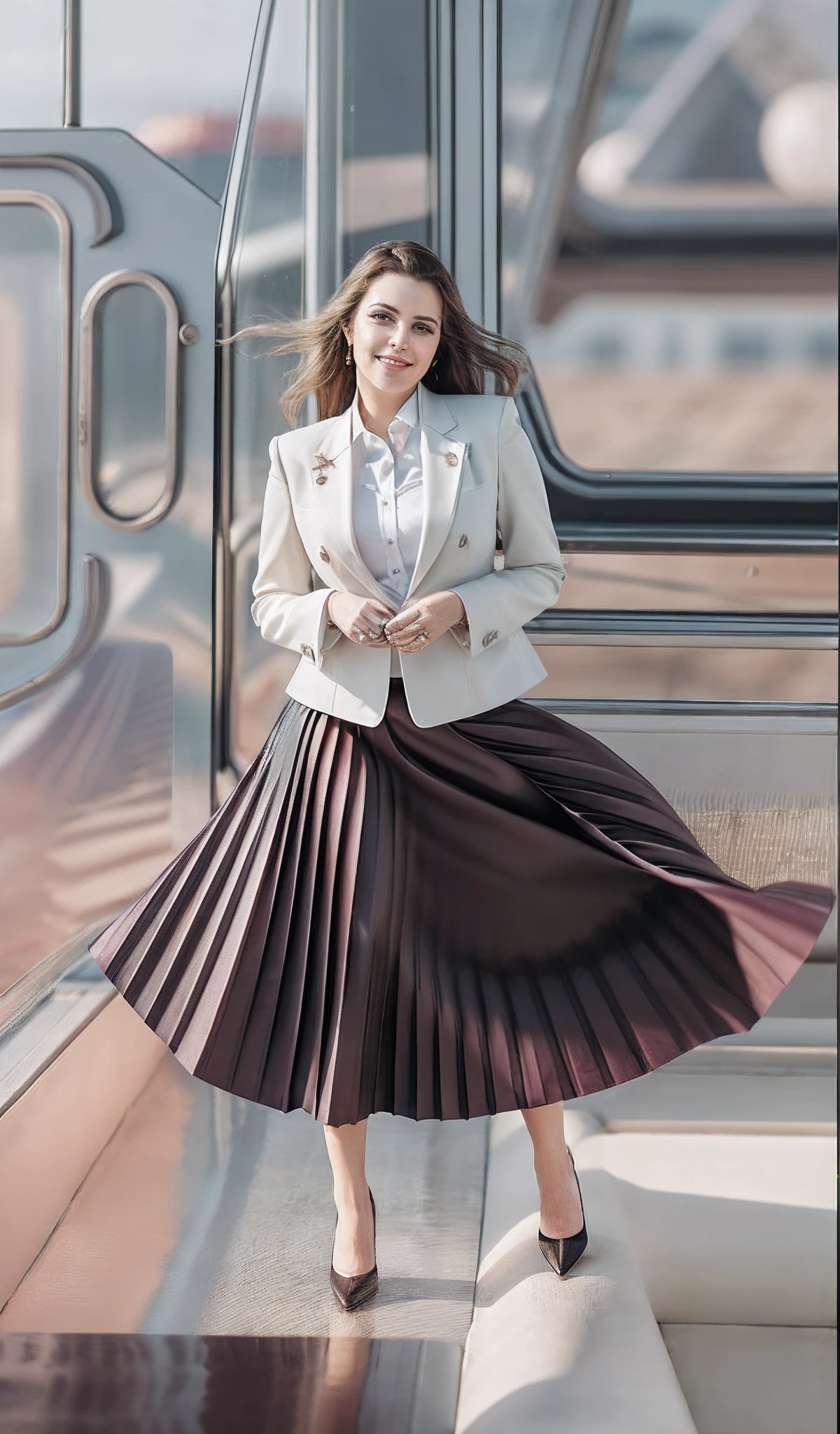 year 2288, lesbian space therapist, very (flirty:1,5) smiling good women wearing a short blazers and very very detailed (long (fully pleated) full circle skirts) and (simple) low heeled office shoes, very very intricate hyper-detailed symmetric (attractive graceful young feminine faces) with (sad, tired eyes and a shy smile), large breasts, full of empathy and compassion and love, (pronounced (feminine) features), (highly detailed ultra accurate realistic) hands and fingers, (windy conditions and wind blowing), epic composition, highly detailed attributes, highly detailed atmosphere, (35mm f1.4 Kodak portra 400 photograph), extremely high quality RAW photograph,