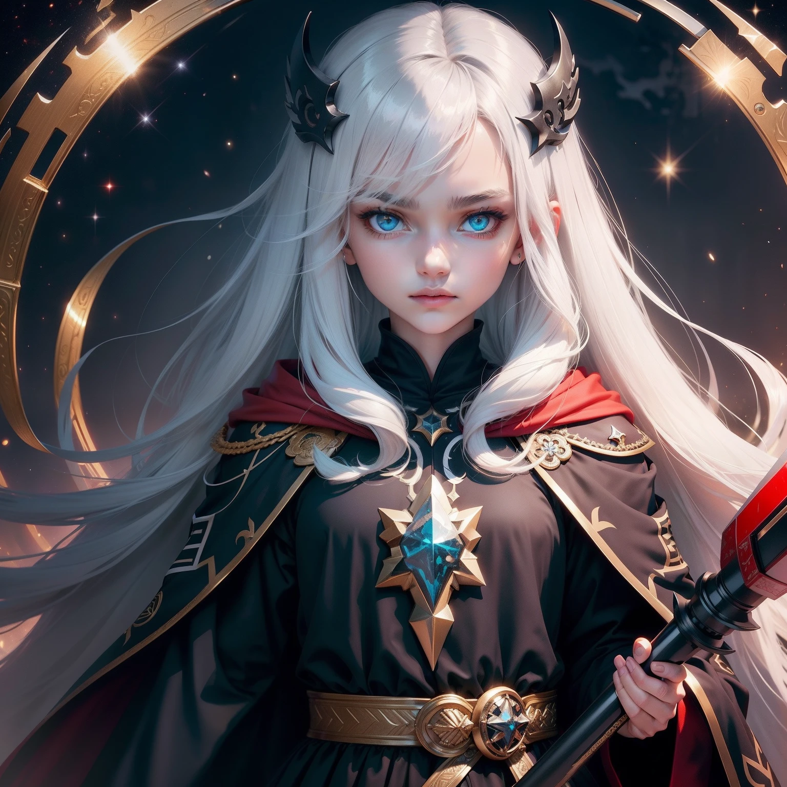 teens girl, Indifferent eyes，White color hair，Cyan eyes，Become a high school student，face expressionless， Awakened God-like power, conservativelydressed，intricate clothes, ((Black is the theme，Robe with red stripes)), Wielding a golden scythe, Exudes a brilliant light, Milky Way on background, Absolutely stunning, tack sharp focus, cosmic, Masterpiece, ((((Best quality:1.4)))), ((((extreme hight detail))))