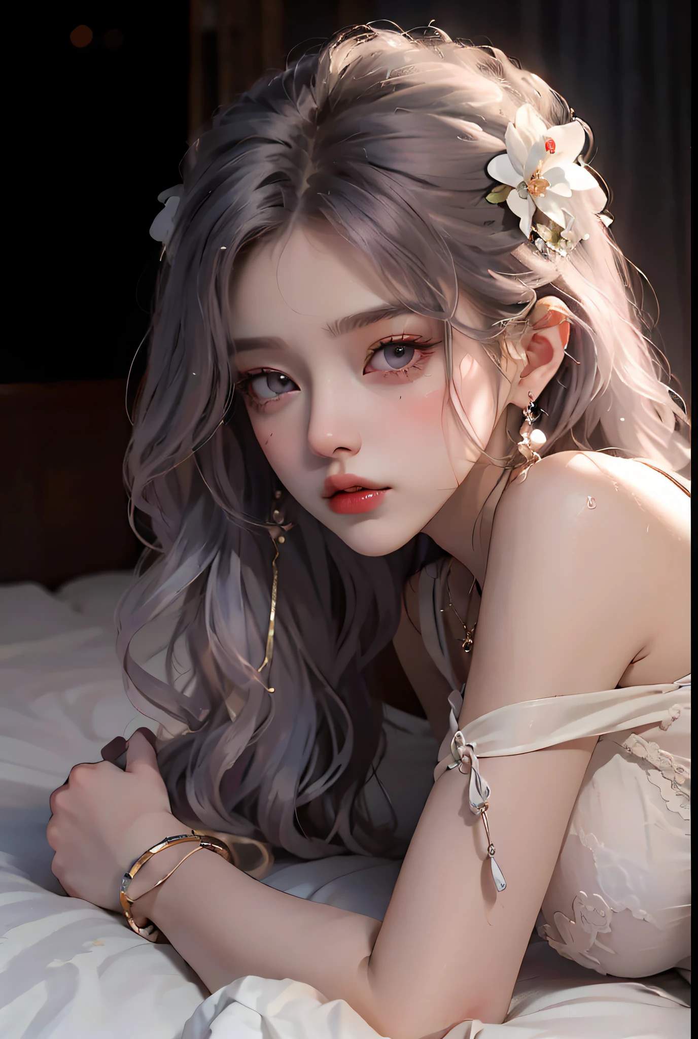 1 girl, cleavage, high detail eyes, lips, short wave white hair, photo_\(medium\), black lure nightdress, realistic, sleeping, very huge breast, solo, thighs slightly open, stuffed animals, stuffed animals, teddy bears, underwear,(masterpiece),(photoreal: 1.3), nfsw, ultra detailed, (high detail skin: 1.2), (top quality: 1.0), (ultra high definition: 1.0), light on face, official lady, earing, necklace, flowers on hair, korean idol, shy, shy look, lingerie, pantyhose