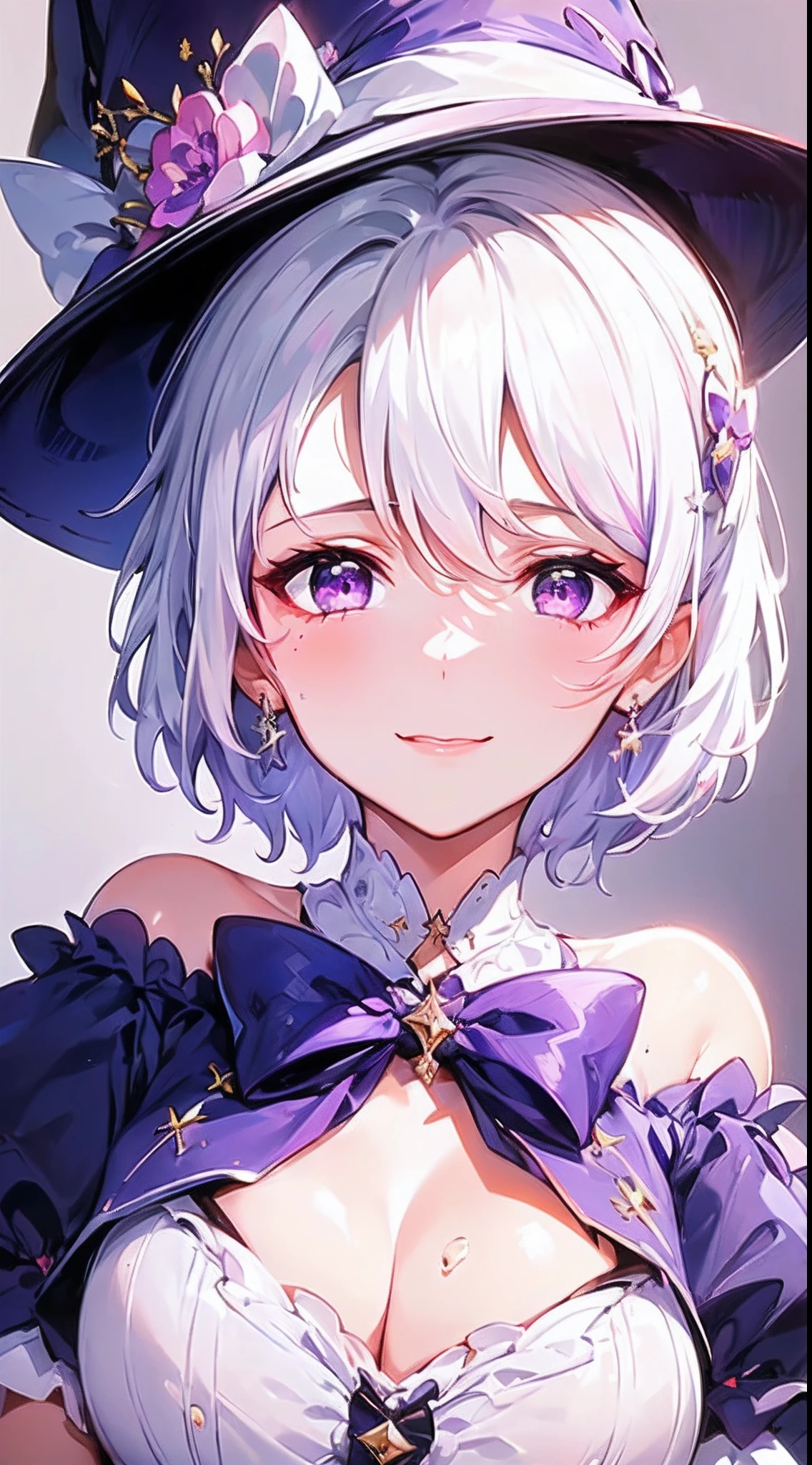 (((Masterpiece))), (((Best Quality: 1.4))), ((Super Detail: 1.4)) , adorable, innocent, yellow glowing eyes, highly detailed clothes, fangs, smiling, random hair style, random pose, blush, adult, big boobs, white hair, ((bags under eyes)), purple outfit, ghost