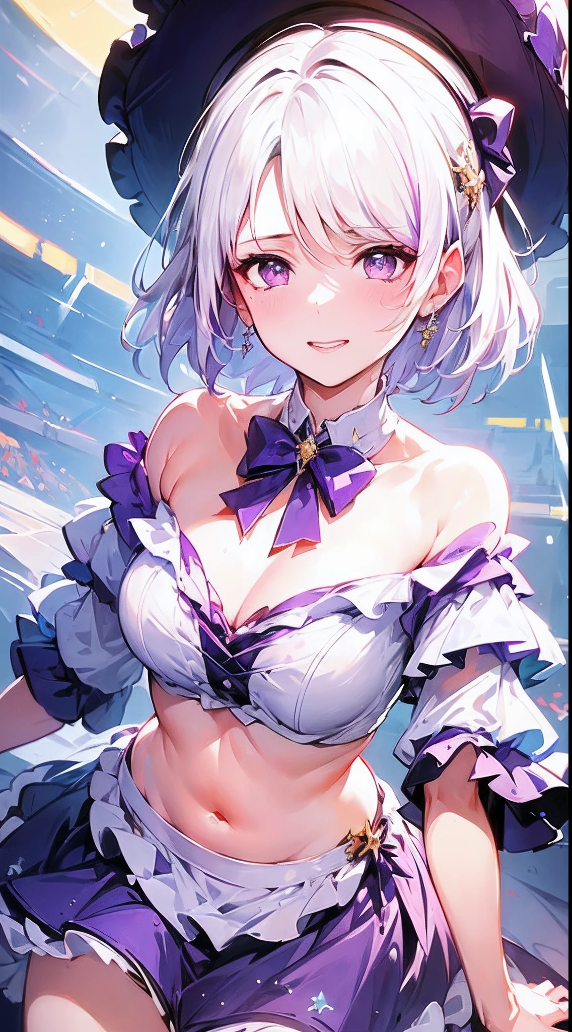 (Best quality),(4k), [highly grand detailed CG painting]!!,(cheer sticks),(((the Greatest masterpiece,))) (ultra detailed),(((idol))),(intricately details),(Natural,cute face,)(((extreme arrogant and disgusting face))),((((beautiful stage)))),(dynamic angles,view from the top),(consistent stream),(dynamic lighting),(blooming,synthetic wave), (reality: 0.7), solo,1 girl,Long eyelashes,watery eyes,reflected eyes,eyes shadow,light purple eyes,((one purple bow tie)),((big witch hat)), (blue off-the-shoulder shirt: 0.4,lace),beautiful detailed hair, [white dress],((elegant and conservative cloth))