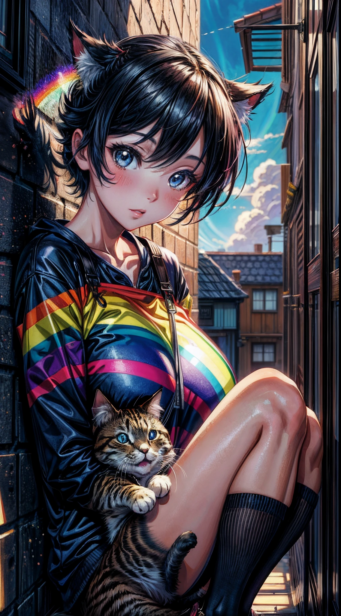 ((Rainbow Daytime Sky))、Anime girl cuddling a cat,Near Future City、 makoto shinkai cyril rolando, anime art wallpaper 4k, anime art wallpaper 4k, Anime art wallpaper 8k, inspired by Cyril Rolando, in the style dan mumford artwork, amazing wallpapers, by Yuumei