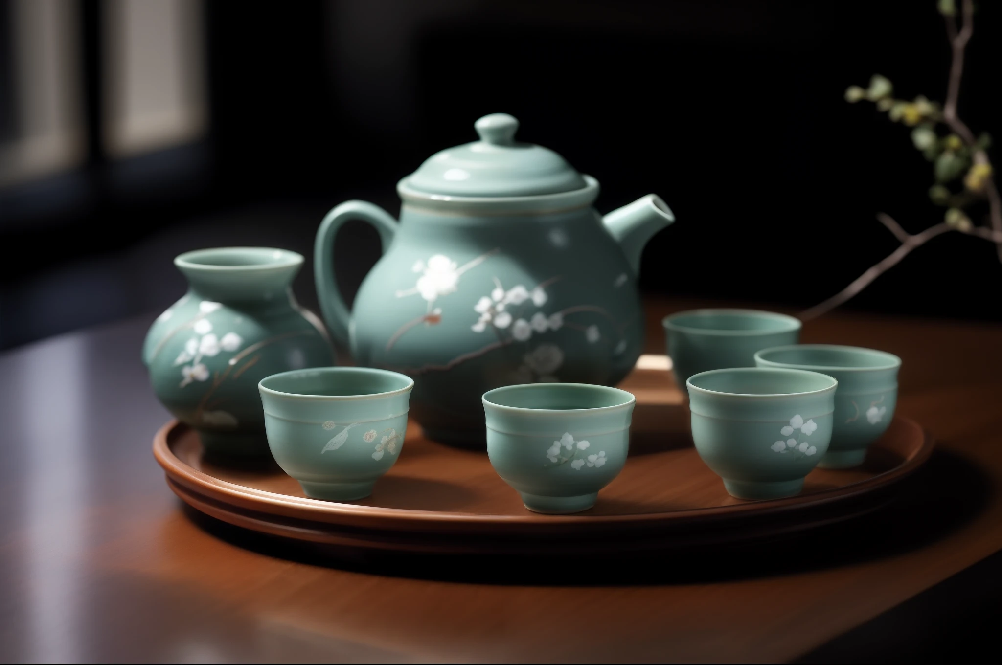 there are four cups and a teapot on a tray, japanese pottery, engalnd porcelain tea set, traditional chinese, with celadon glaze, celadon glaze, tea ceremony scene, porcelain, japanese, traditional japanese, lacquerware, chinese blue and white porcelain, pot, glazed ceramic, handmade pottery, ceramic, set photo, by An Zhengwen