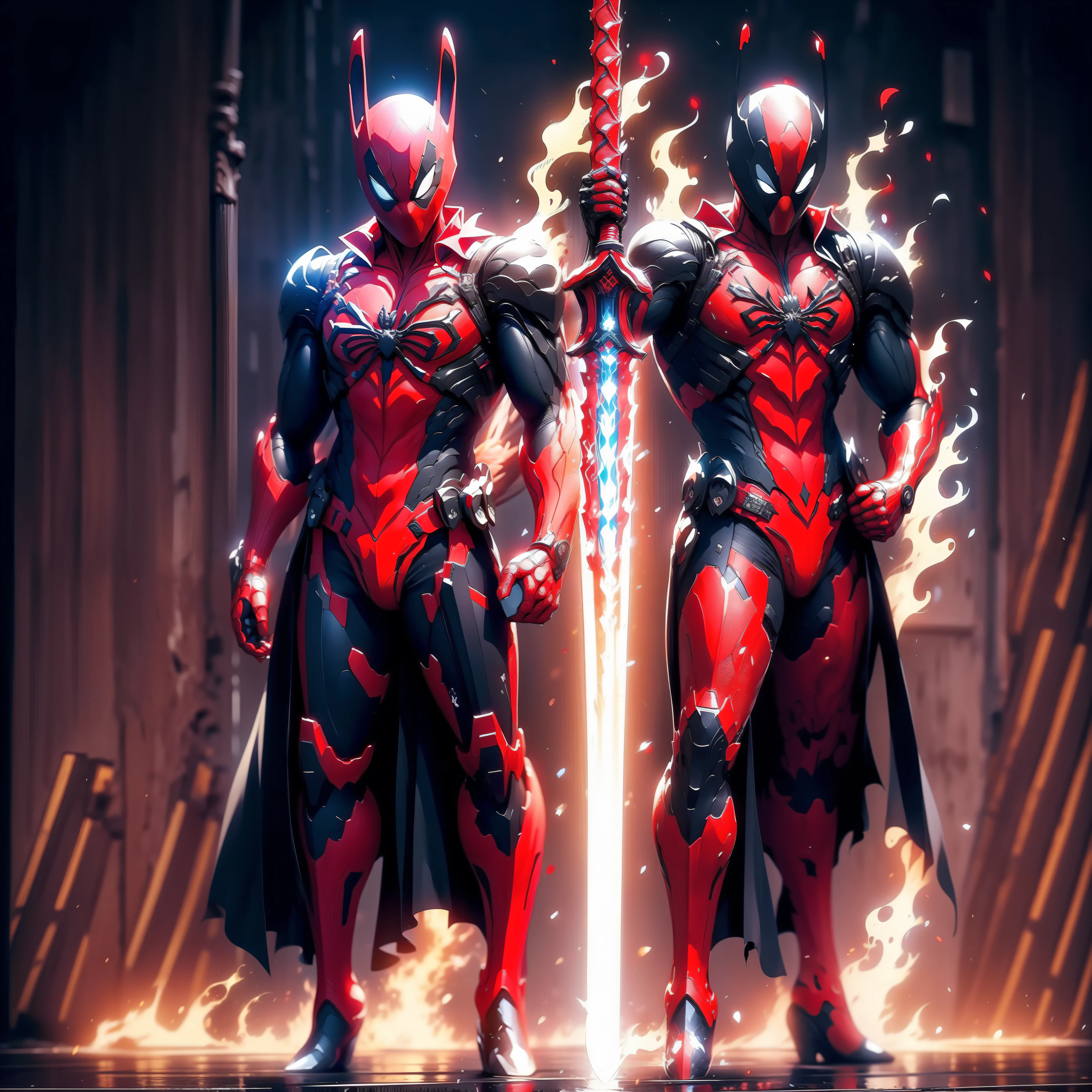 Spider man holding a katana in Deadpool suit, (((8k quality))), (((4k quality))), best quality, masterpiece, bloody background, badass look, full body picture, badass pose, (((full body picture))),  1 person, one character.