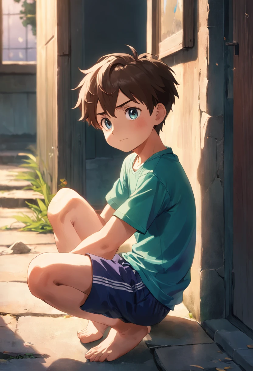 Description: Tom is a 6-year-old boy with short brown hair and big, curious brown eyes. He is wearing a blue T-shirt and green shorts.
Pose 1: Tom is standing, looking excitedly at something in the distance.
Pose 2: Tom is sitting on the ground, reading a book with a smile.
Pose 3: Tom is hugging his knees to his chest, looking a bit sad.
Pose 4: Tom is waving goodbye, his face filled with happiness.