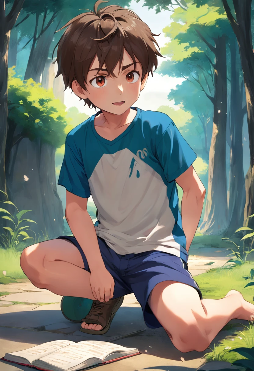 Description: Tom is a 6--old with short brown hair and big, curious brown eyes. He is wearing a blue T-shirt and green shorts.
Pose 1: Tom is standing, looking excitedly at something in the distance.
Pose 2: Tom is sitting on the ground, reading a book with a smile.
Pose 3: Tom is hugging his knees to his chest, looking a bit sad.
Pose 4: Tom is waving goodbye, his face filled with happiness.