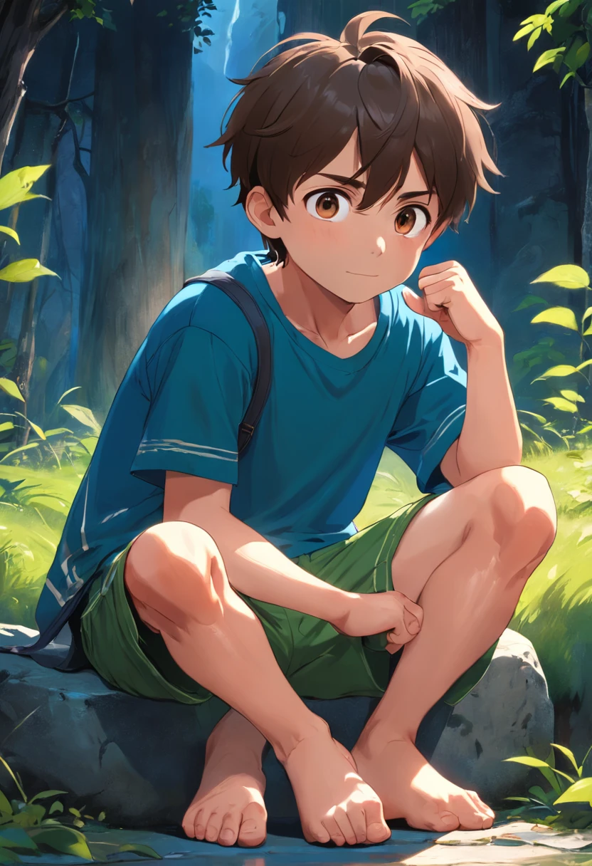 Description: Tom is a 6--old with short brown hair and big, curious brown eyes. He is wearing a blue T-shirt and green shorts.
Pose 1: Tom is standing, looking excitedly at something in the distance.
Pose 2: Tom is sitting on the ground, reading a book with a smile.
Pose 3: Tom is hugging his knees to his chest, looking a bit sad.
Pose 4: Tom is waving goodbye, his face filled with happiness.