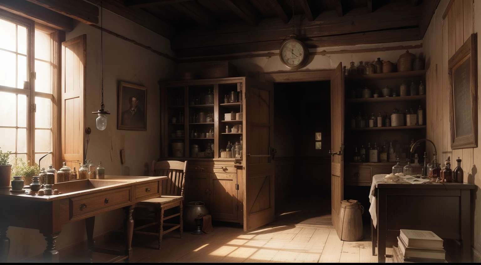(murky, Wooden cabin), (marionette:1.1), (creepy, eery:1.2), (oud, worn-out:0.9), (Abandoned:1.1), (Mysterious:1.1), (Hanging with thin threads, lifeless:0.9), [Broken, dilapidated:0.9], [Faded, Pale colors:0.9], (Soft, Dim lighting), [Rustling leaves:0.8], (Vintage style), [Minimalist:0.9], (cracked paint), (old-fashioned, nostalgic:1.1), (Isolated in the forest), (Rustic, authentic:1.1), (Vivid, contrasted colors), (Uneven wooden floor), (Studded with antique dolls), (mystic atmosphere), (Hidden secrets), (Twisted, Distorted representation), (Uncanny Valley), (Convoluted, delicate craftsmanship), (Squeaky doors), (Unforgettable atmosphere), (subtle, Spooky music in the background), (Stitch Detail), (Forgotten memories), (Forgotten and lost in time), (Enchanted, Enchanted:1.1), (Waiting to come back to life).