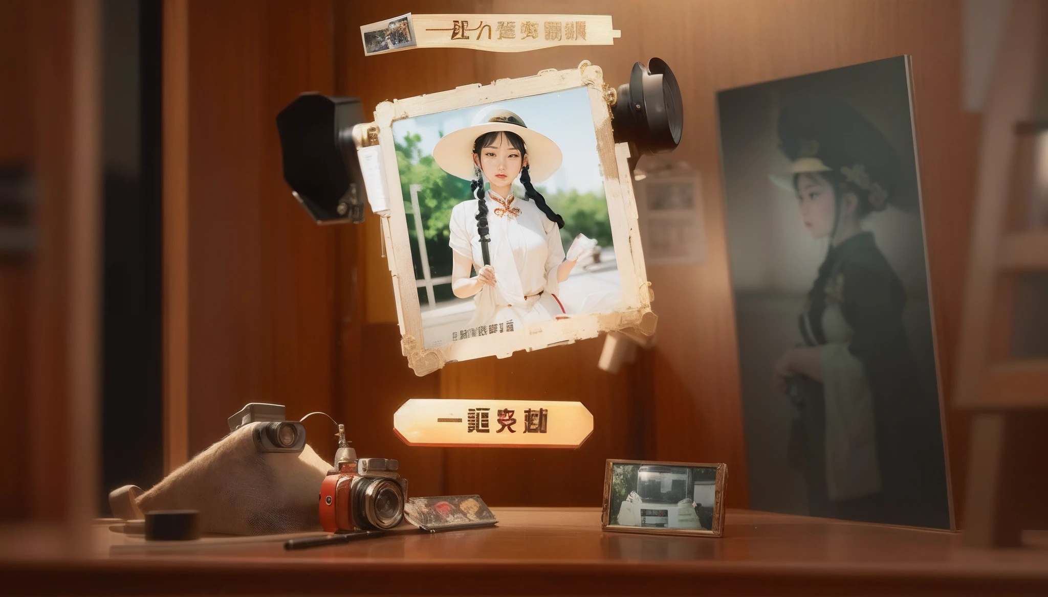 Close-up of the camera close to the picture, trending at cgstation, cover photo portrait of du juan, Weibo, trending on cgstation, 8k selfie photograph, Guviz, live-action archival footage, overlaid with chinese adverts, jia, Guviz-style artwork, Vintage camera on desktop,picture frames