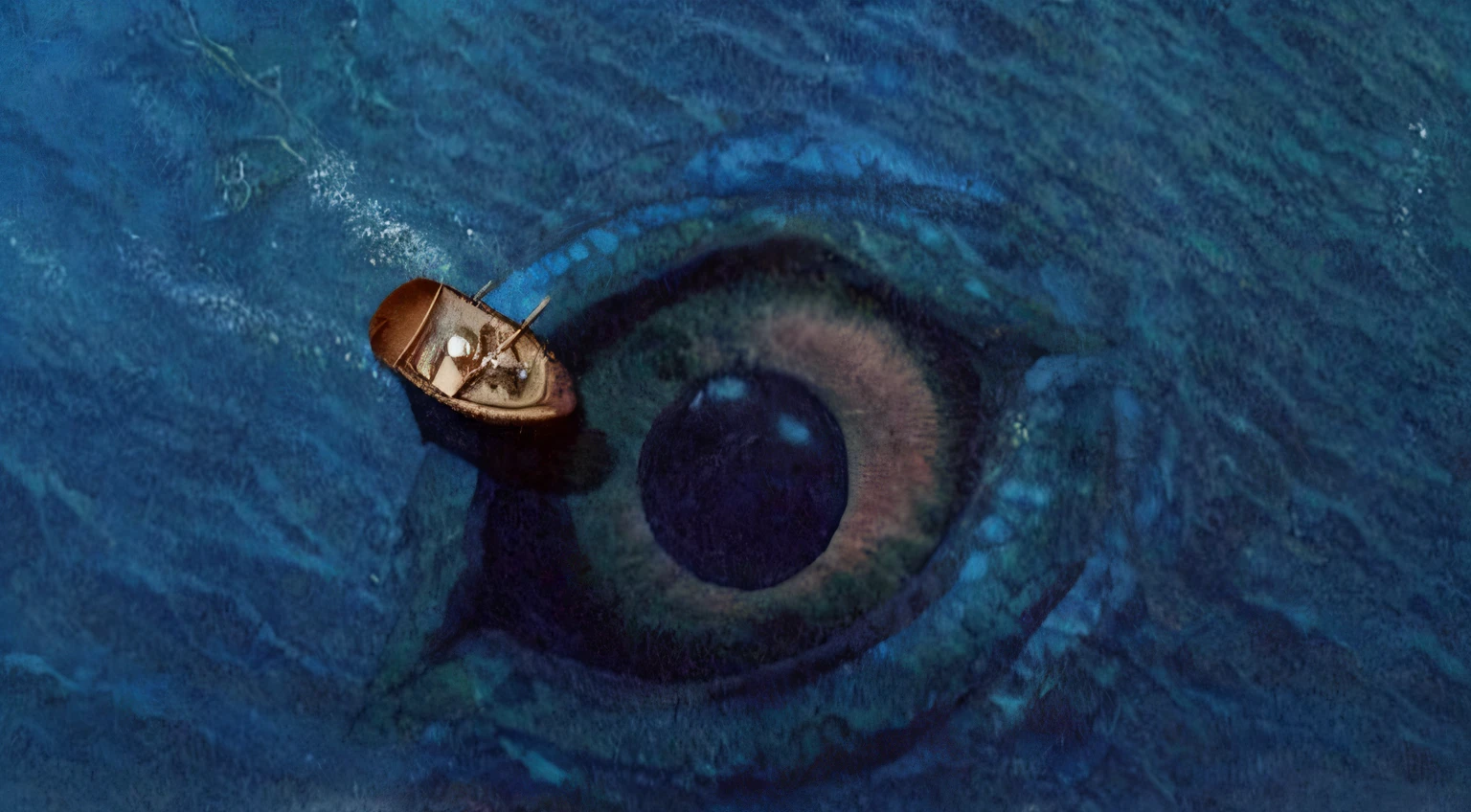arafed boat in the middle of a large blue body of water, ocean eyes, thalassophobia, eye fish lens, the eye of the world, large fish eyes, charybdis, inspired by Arnold Böcklin, moon light fish eye illustrator, deep look, an open eye in its center, gods eye view, water eyes