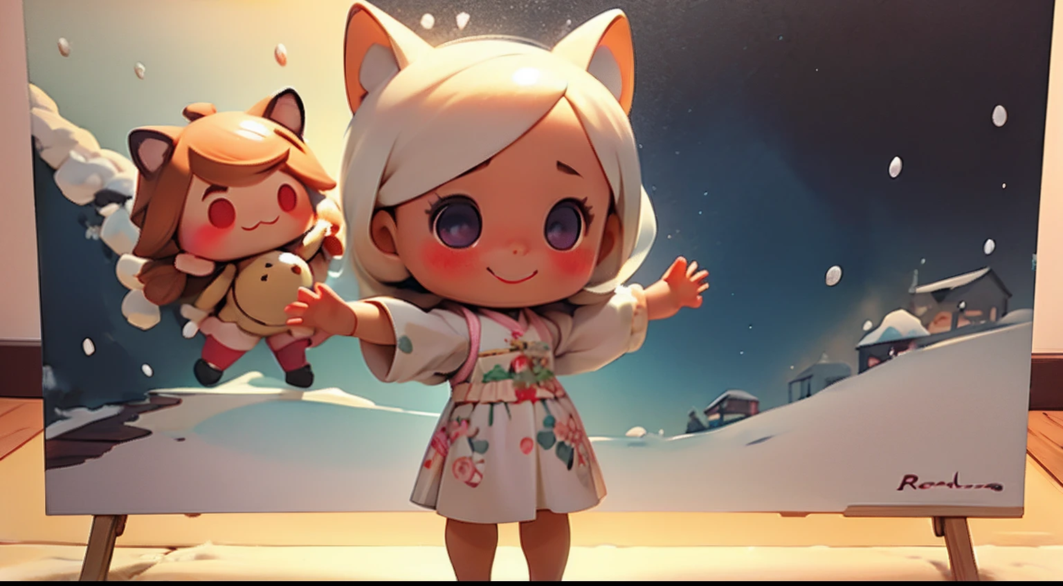 photoRealstic、Doll standing in front of the painting、laugh face、Water droplets on the cheeks、Selfie Pose、spreading arms widely、Sengai、pixiv、rokoko、dollfie dream、watercolor Nendoroid、(High Definition Figure)、flowing sakura-colored silk、nendroid、bustup、Snow petals、season!!: 冬☀ 🍂 椿