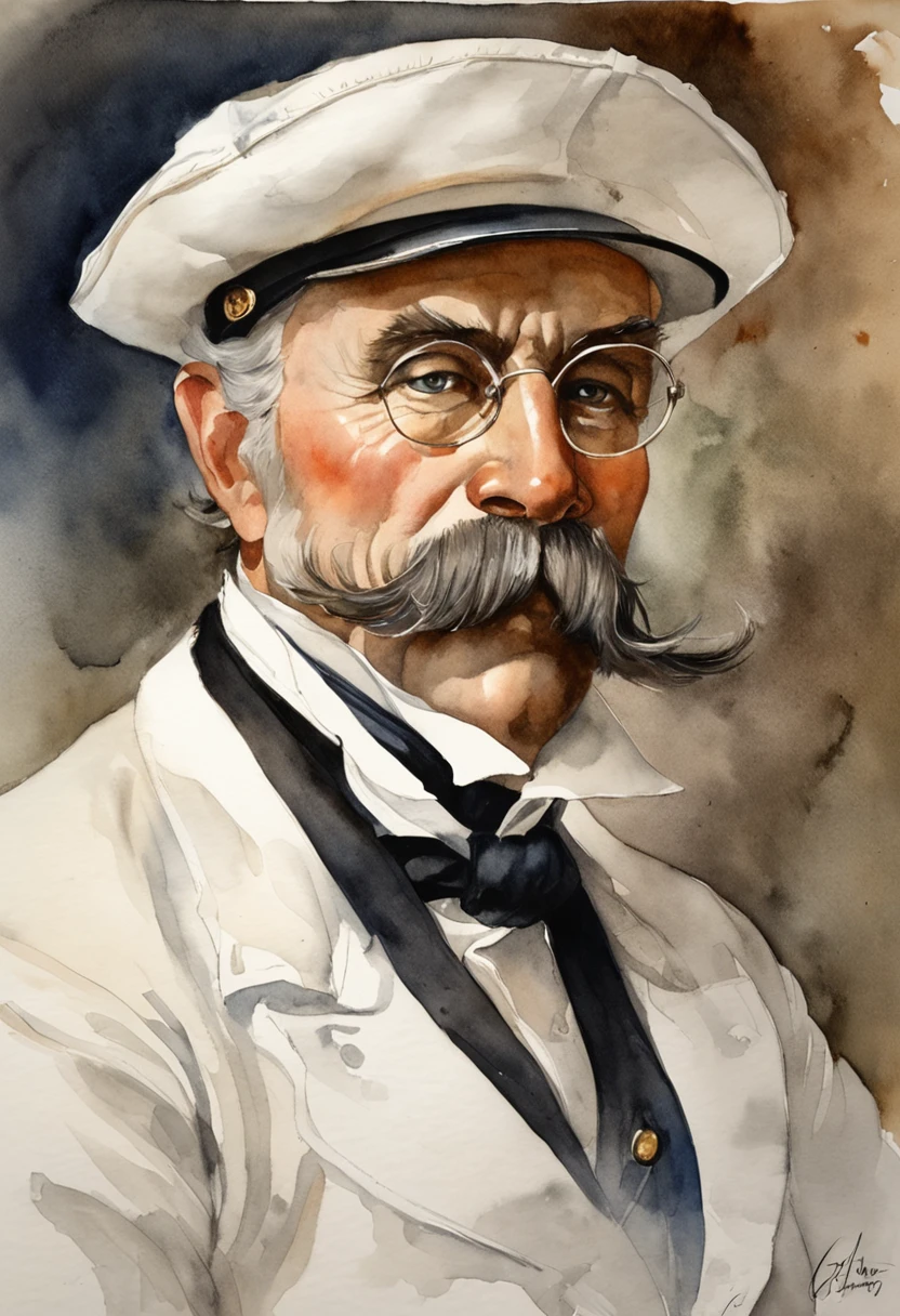 "Portrait of a 19th-century sea captain with distinguished moustaches and a white shirt, captured in dramatic lighting. The captain wears a cap, glasses, and shoulder straps."