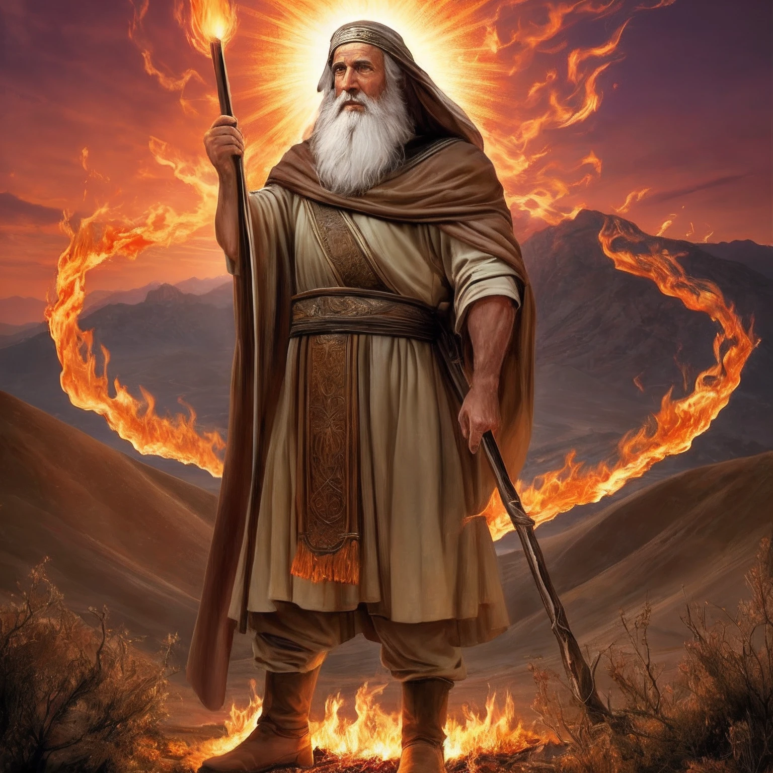 Moses before the burning full bush on Mount Horeb. Moses is an old man dressed as a shepherd. The bush is on bright, vibrant flames, but it is not consumed by fire. Moses looks with amazement and admiration at the bush. The surrounding environment is mountainous and desert, with the sun setting and illuminating the scene with an orange light. This image represents the moment when Moses is called by God to deliver the people of Israel.