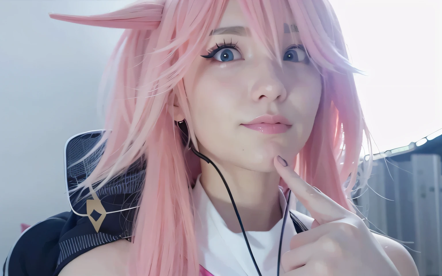 Aratz posed for a photo of pink hair and headphones, Anime cosplay, Anime girl cosplay, Anime girl in real life, Sakura Haruno, Ayaka cosplay, cosplay, professional cosplay, anime-inspired, hyper realistic anime, realistic cosplay, with index finger, belle delphine, pink twintail hair and cyan eyes, anime vibes, ahegao face