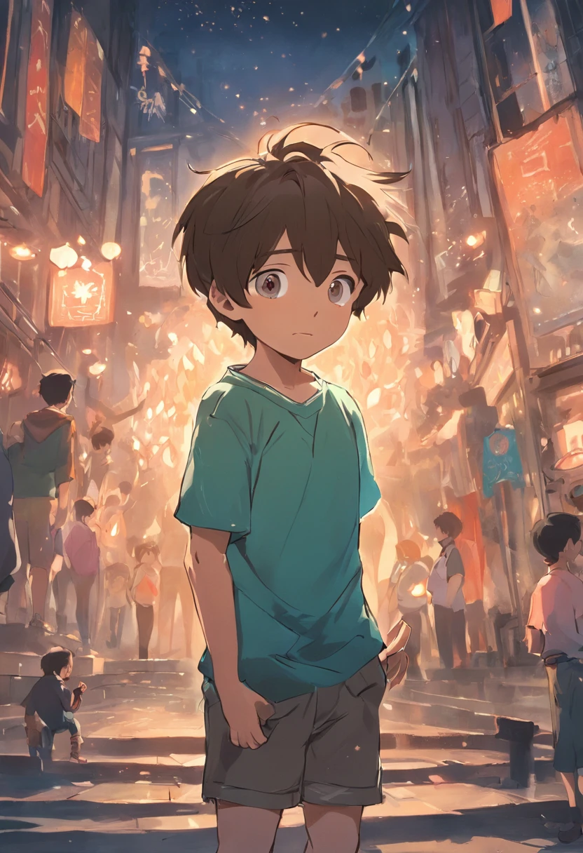Description: Tom is a 6-year-old boy with short brown hair and big, curious brown eyes. He is wearing a blue T-shirt and green shorts.
Pose 1: Tom is standing, looking excitedly at something in the distance.
Pose 2: Tom is sitting on the ground, reading a book with a smile.
Pose 3: Tom is hugging his knees to his chest, looking a bit sad.
Pose 4: Tom is waving goodbye, his face filled with happiness.