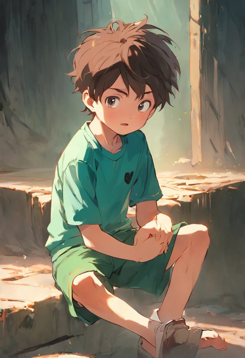 Description: Tom is a 6--old with short brown hair and big, curious brown eyes. He is wearing a blue T-shirt and green shorts.
Pose 1: Tom is standing, looking excitedly at something in the distance.
Pose 2: Tom is sitting on the ground, reading a book with a smile.
Pose 3: Tom is hugging his knees to his chest, looking a bit sad.
Pose 4: Tom is waving goodbye, his face filled with happiness.