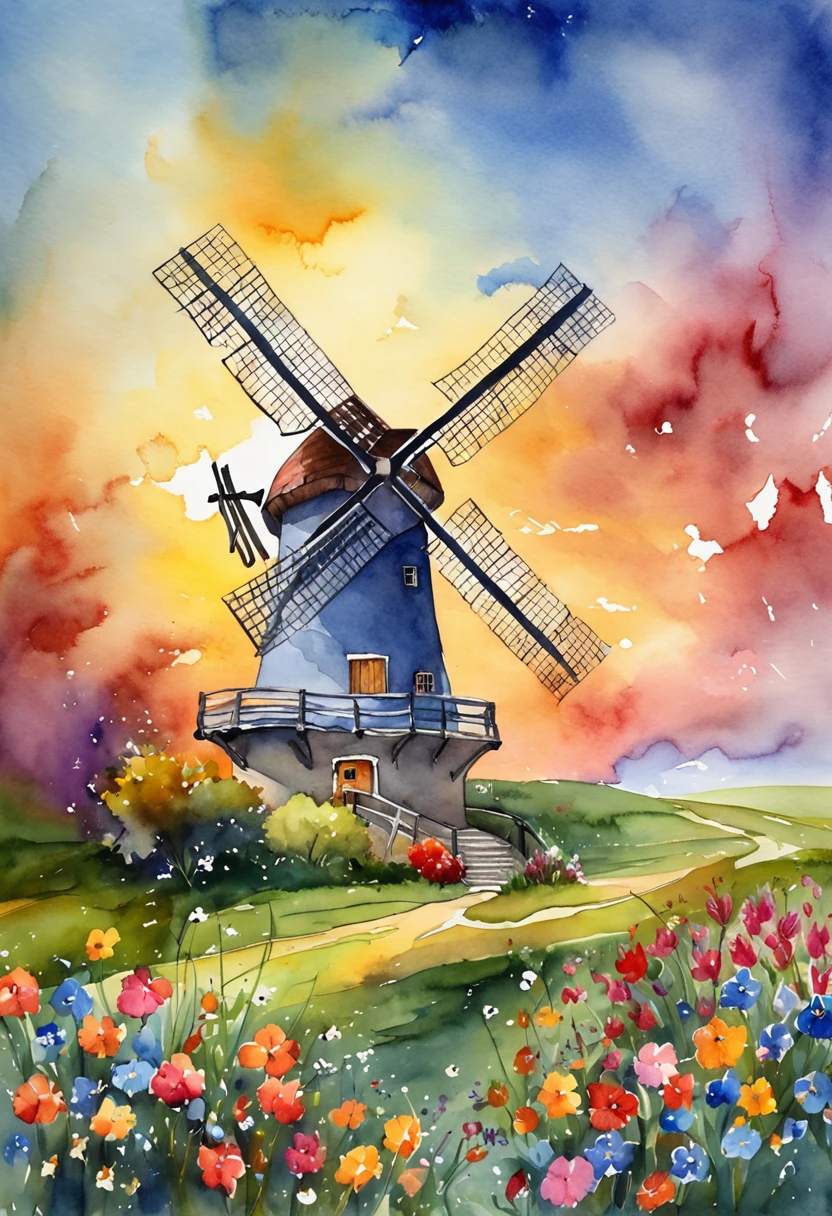 "Beautiful windmill surrounded by a vibrant field of flowers under majestic skies."