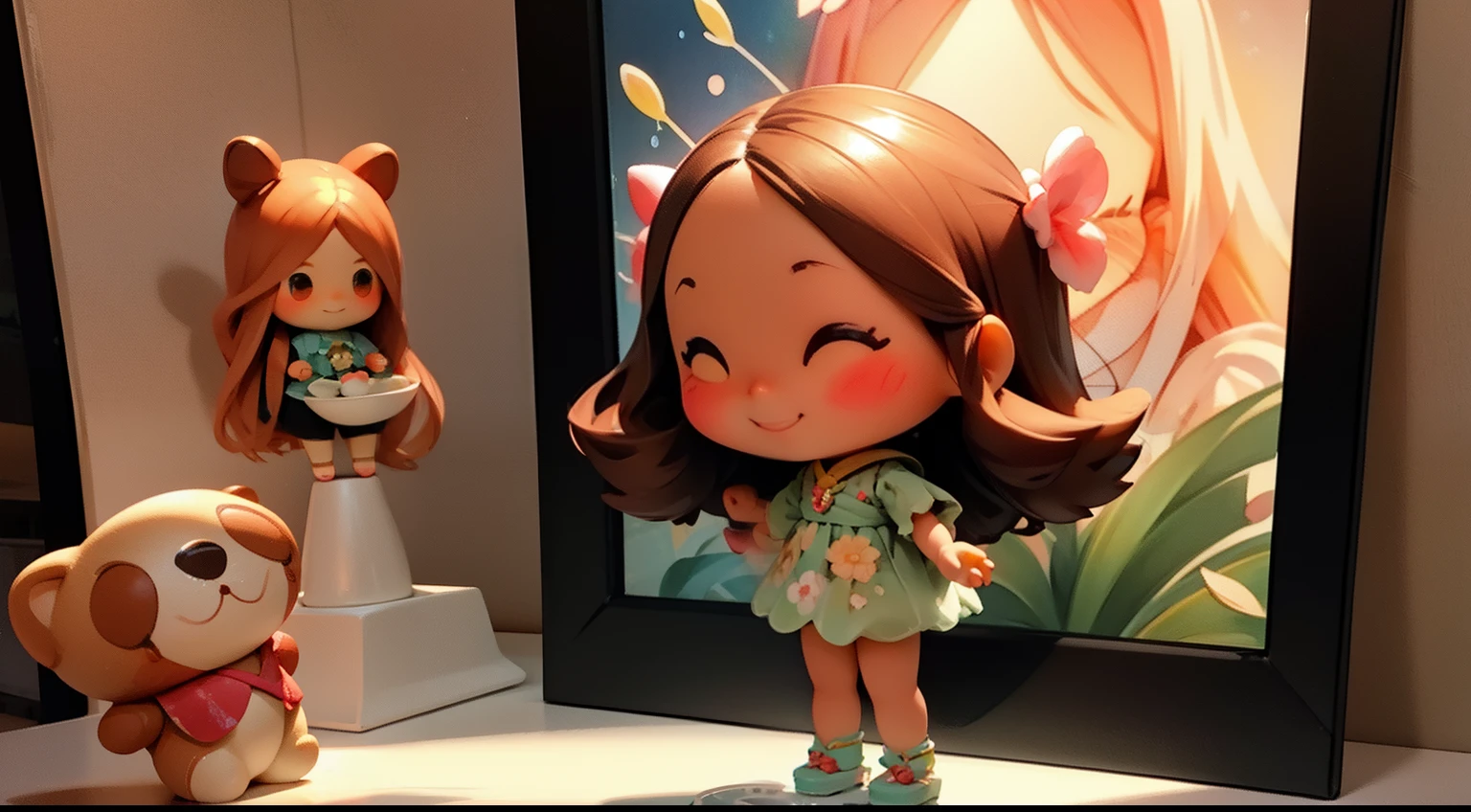 photoRealstic、Doll standing in front of the painting、laugh face、Water droplets on the cheeks、Selfie Pose、spreading arms widely、Sengai、pixiv、rokoko、dollfie dream、watercolor Nendoroid、(High Definition Figure)、flowing sakura-colored silk、nendroid、bustup、Camellia petals、season!!: 冬☀ 🍂 椿