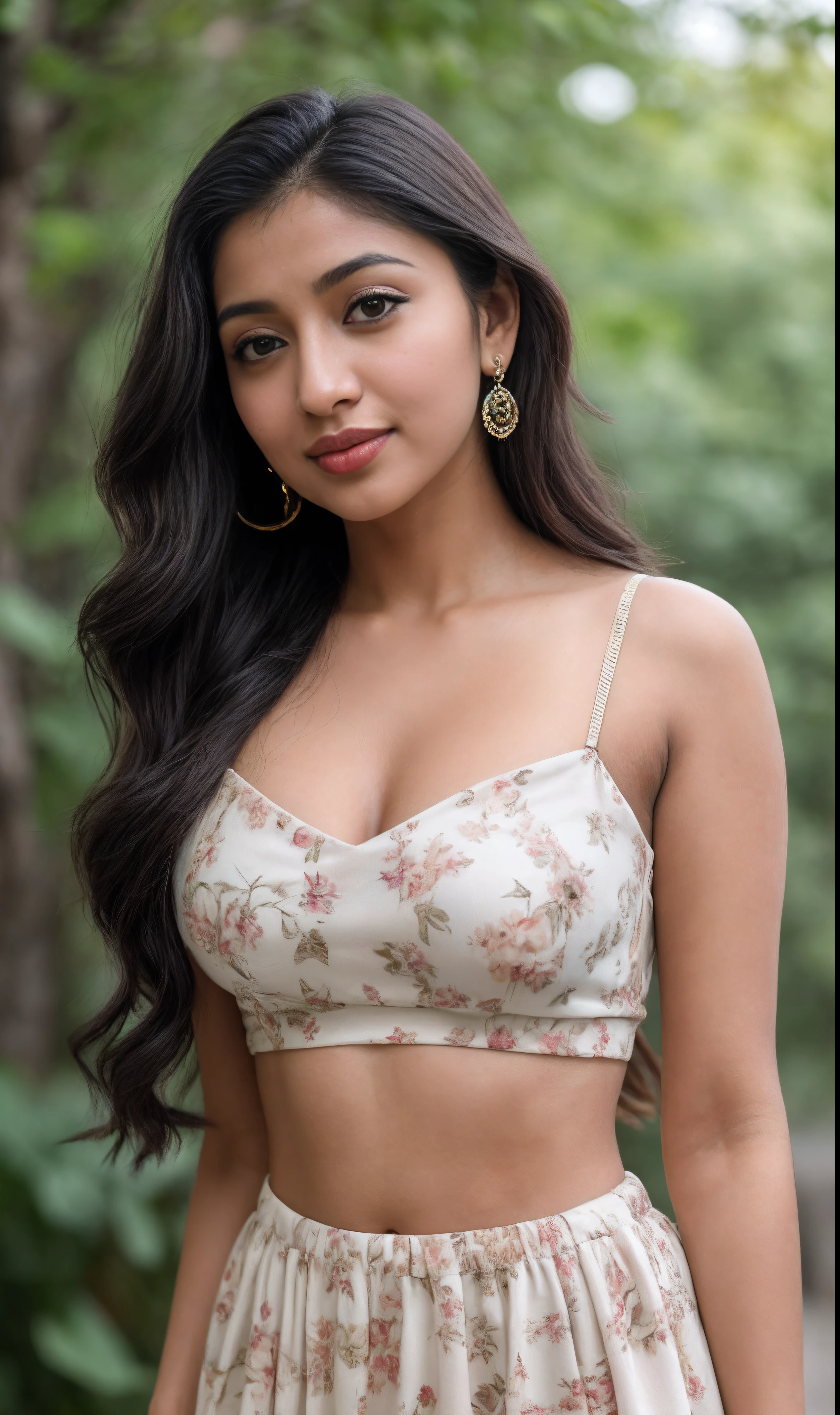 ((RAW, analog style)), face, extremely detailed full body color photo of a 25 y.o girl, beautiful face, beautiful eyes, ((small nose)), big natural lips, ((fabric crop top)), medium breasts, slim body, outdoor, trees, ((film grain, skin details, high detailed skin texture, 8k hdr, dslr)), indian female model yami gautami, close-up picture of yami gautmi, floral dress. Sexy figure, hot looks, long curly hair