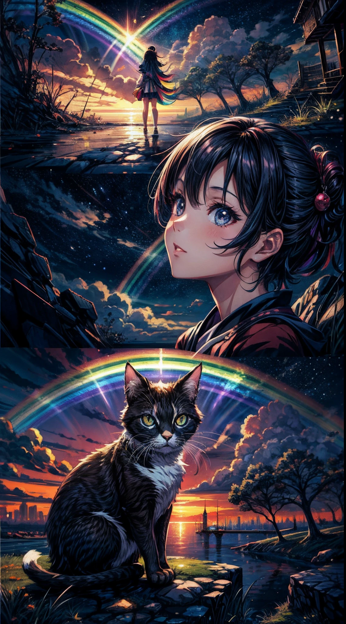 ((Rainbow Daytime Sky))、Anime girl cuddling a cat,Near Future City、 makoto shinkai cyril rolando, anime art wallpaper 4k, anime art wallpaper 4k, Anime art wallpaper 8k, inspired by Cyril Rolando, in the style dan mumford artwork, amazing wallpapers, by Yuumei