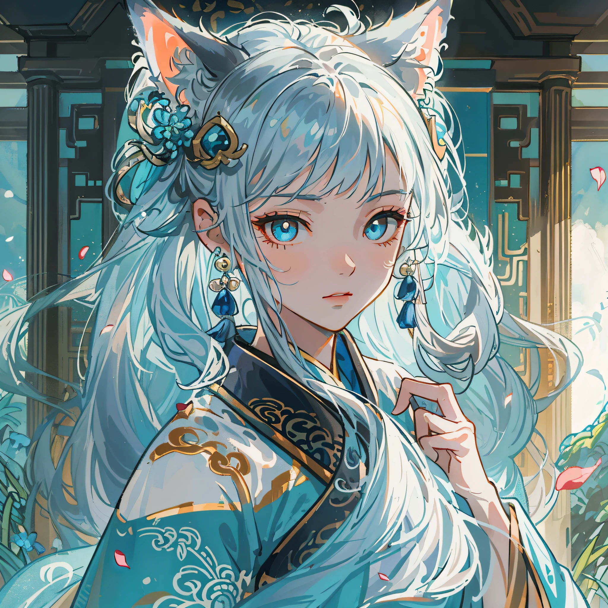 Mature girl ,Dark orange eyes,Blue-white hair color,Floating hair,Blue delicate and agile eyes,light blues,Intricate damask hanfu,Cat ears,faeries,goddes,Gorgeous accessories,Wearing pearl earrings,fov,f/1.8,tmasterpiece,Ancient Chinese architecture,blue-sky,Petals flying,Frontal portrait shot,Chang'e,Side lighting,The sun shines on people,16k