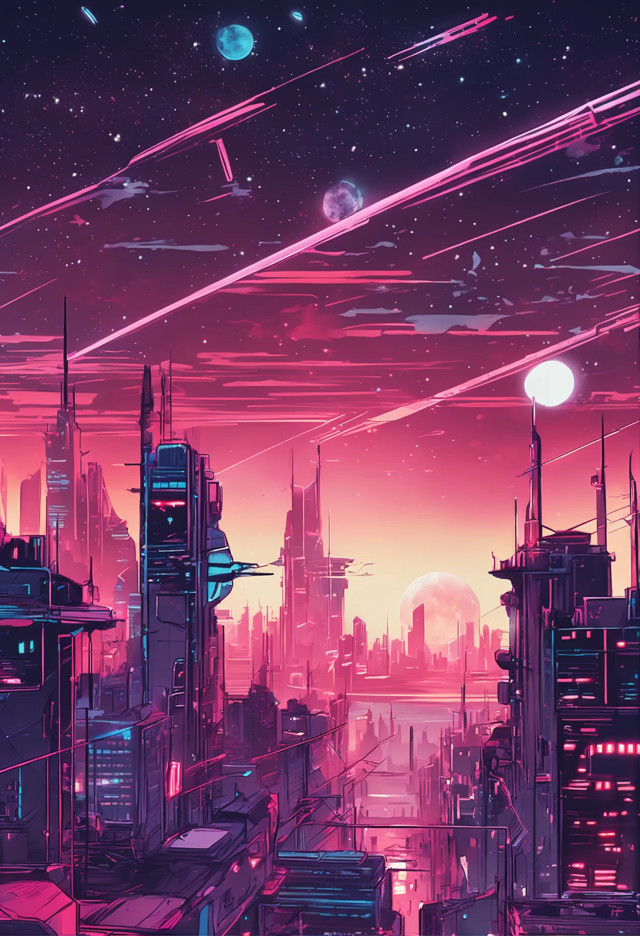 landscape, Cyberpunk city, skyscrapper, during night, Neon lights, The moon is clear and the wind is clear,Starry sky,There are many spaceships in the sky