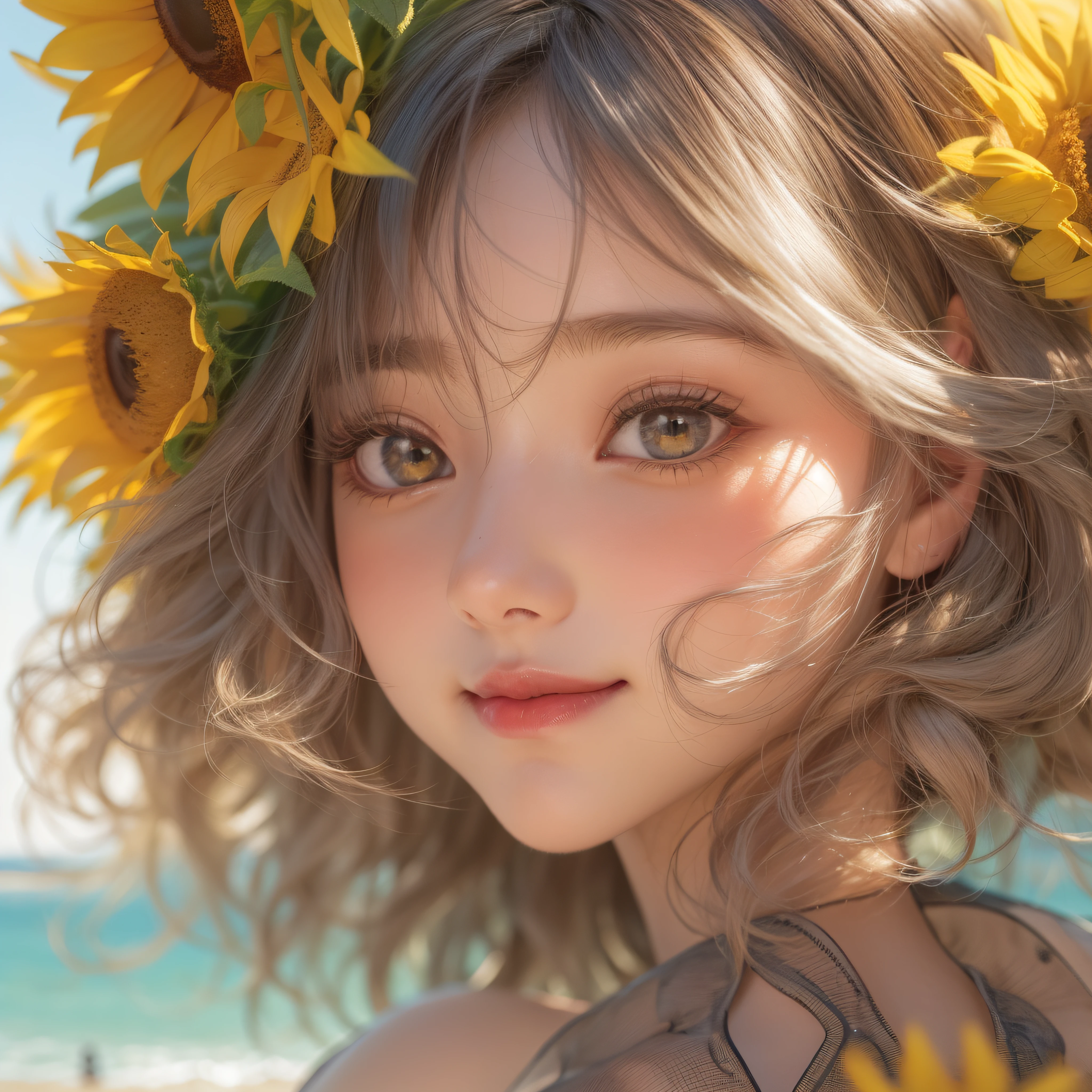 Close up of a smile with the corners of the mouth raised、(realisitic、hight resolution)、(1 girl in)、Do-Up Eye、Korean Girl、(Best Quality), (masutepiece), (1girl in), Solo, a beauty girl, Perfect face, Big Breast,dreamlikeart、Highly detailed airbrush art((Surreal))、Volumetric lighting、(top-quality)、The ultra-detailliert、(The composition of the movement:1.4)、Highly detailed colorful details、(Bright lighting)、dynamic compositions、Ray traching、The mirror reflects light、Shallow depth of field、ultra-detailliert、mixing exposure、nffsw、Her eyes make sunflowers shine、Staring at the sea。Sunflower-colored face、Full of anticipation and courage for adventure.、A smile appears on sunflower-colored lips。 At the rear、The sun is slowly tilting to the west。Its light brings sunflower-colored light to the surface of the sea、The swaying waves create a beautiful scene。Her eyes are a clear glowing sunflower color。a lot of sunflower color