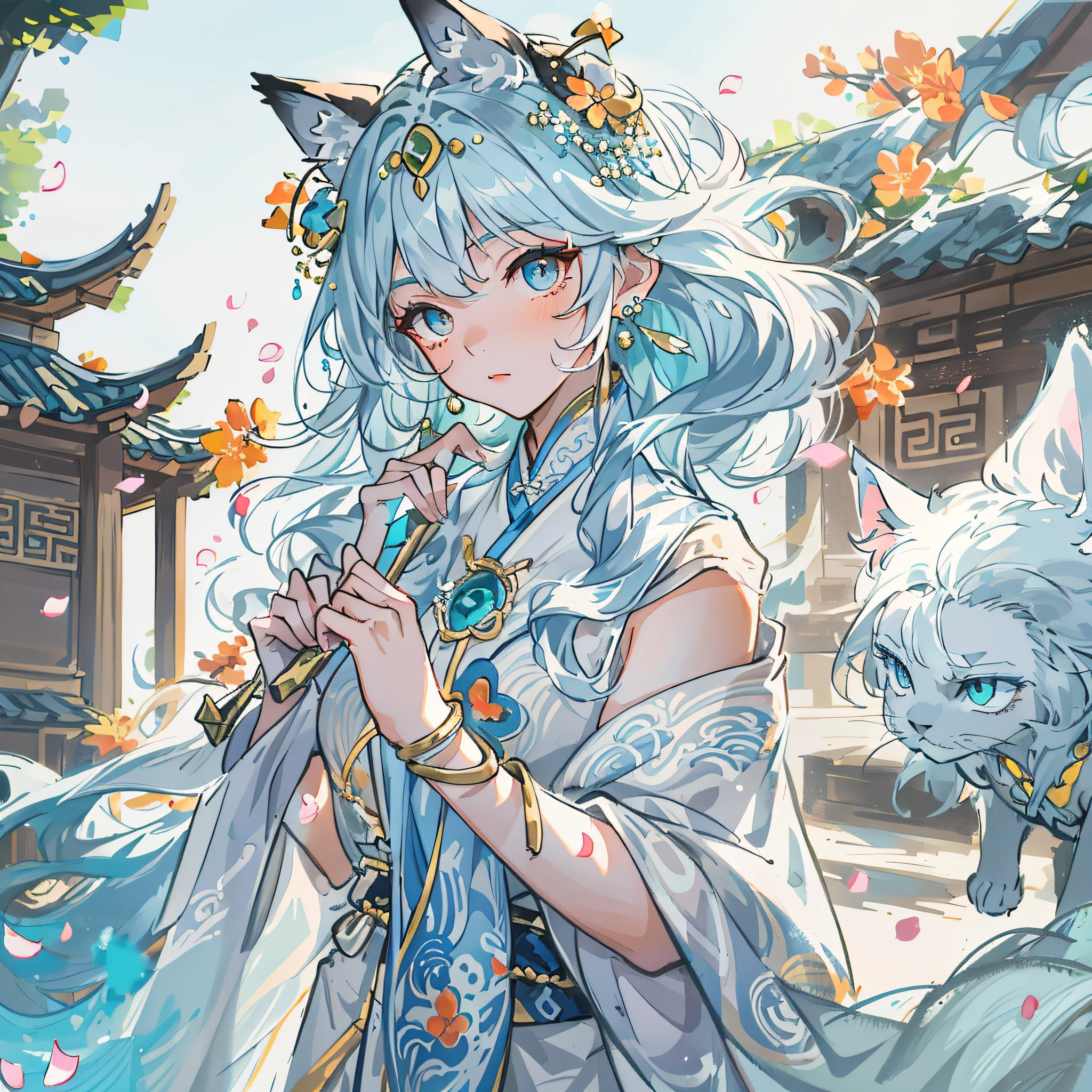 There is a very large moon in the background,unter den Sternen, a fox with white hair sits on a branch,junge Erwachsene,girl, rosane Kleidung,aesthetic fox,nine-tailed fox,Dreamy,Millennium Fox Demon,Onmyoji detaillierte Kunst,a beautiful artwork illustration,Fabelwesen,white fox,Beautiful digital artwork,Kirschblütenbaum, Sky blue pink and purple colored