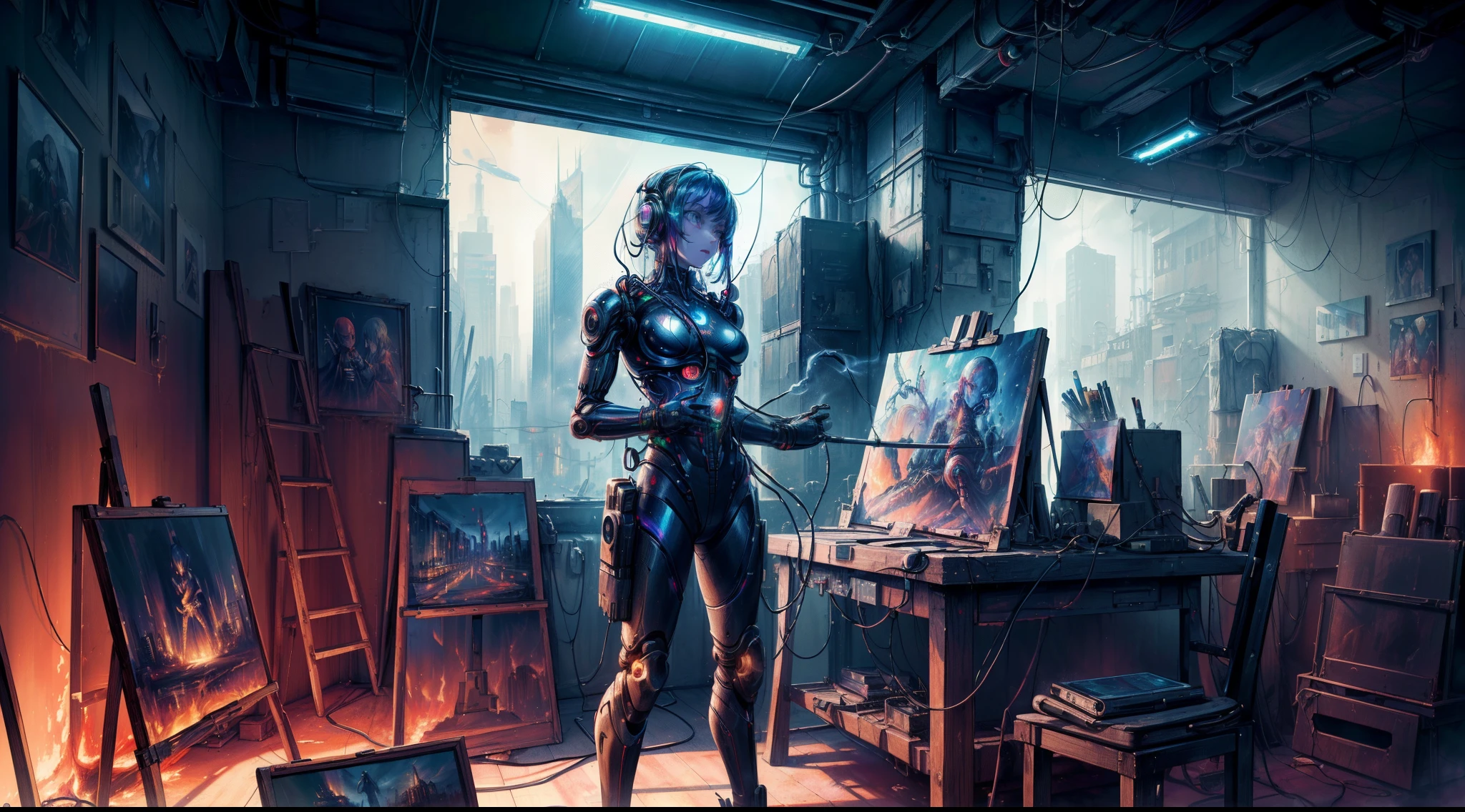 (masterpiece, best quality, highres, absurdres, detailed:1.2), humanoid, robot, wearing headphones, looking away, (cyberpunk, art canvas, paint brush, easel, iridescent, holographic: 1.6), (cables, wires, flames, fire, smoke, overheat, explosion, indoors, room, simple background)