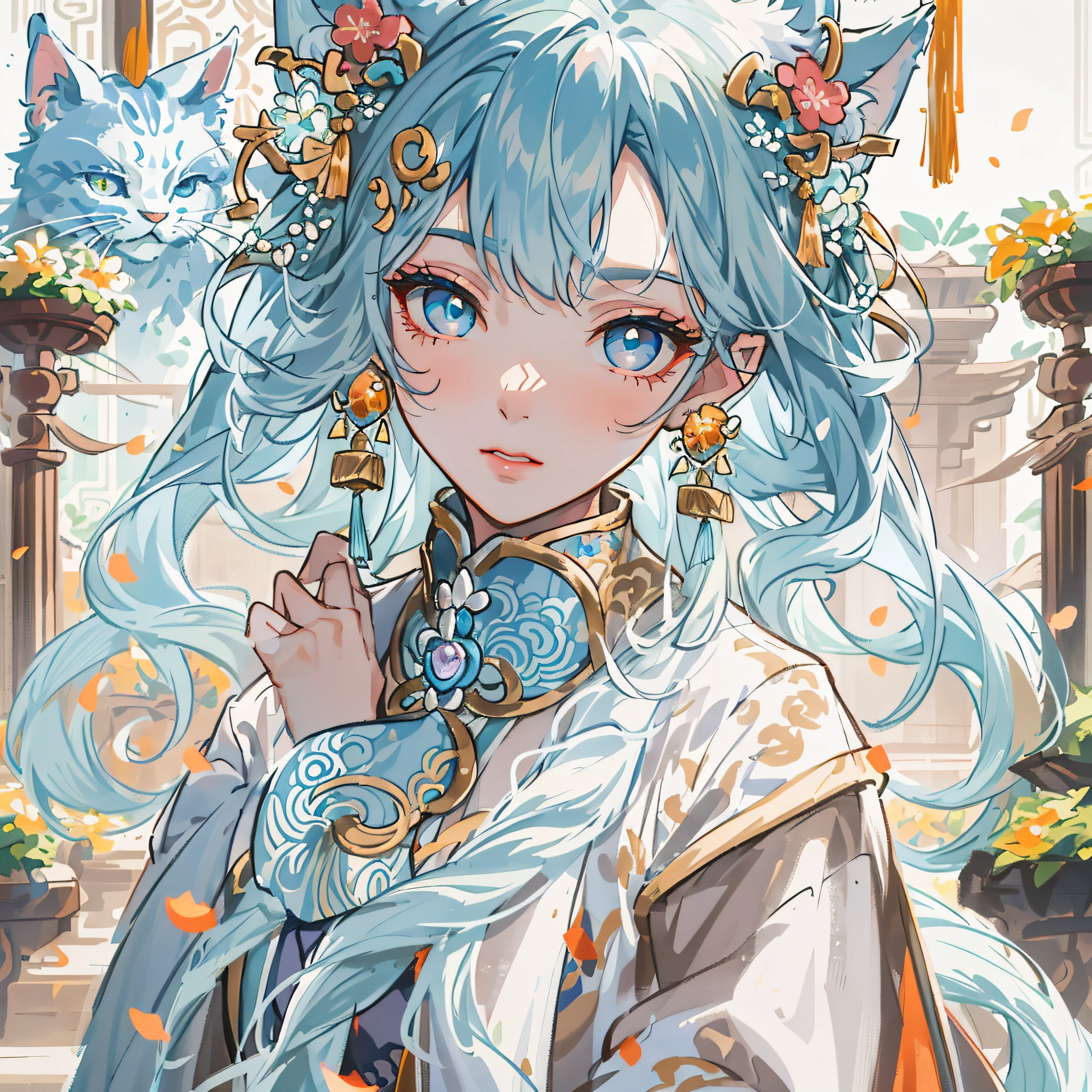 Mature girl ，Dark orange eyes，Blue-white hair color，Floating hair，Blue delicate and agile eyes，light blues，Intricate damask hanfu，Cat ears，faeries，goddes，Gorgeous accessories，Wearing pearl earrings，fov，f/1.8，tmasterpiece，Ancient Chinese architecture，blue-sky，Petals flying，Frontal portrait shot，Chang'e，Side lighting，The sun shines on people，16k