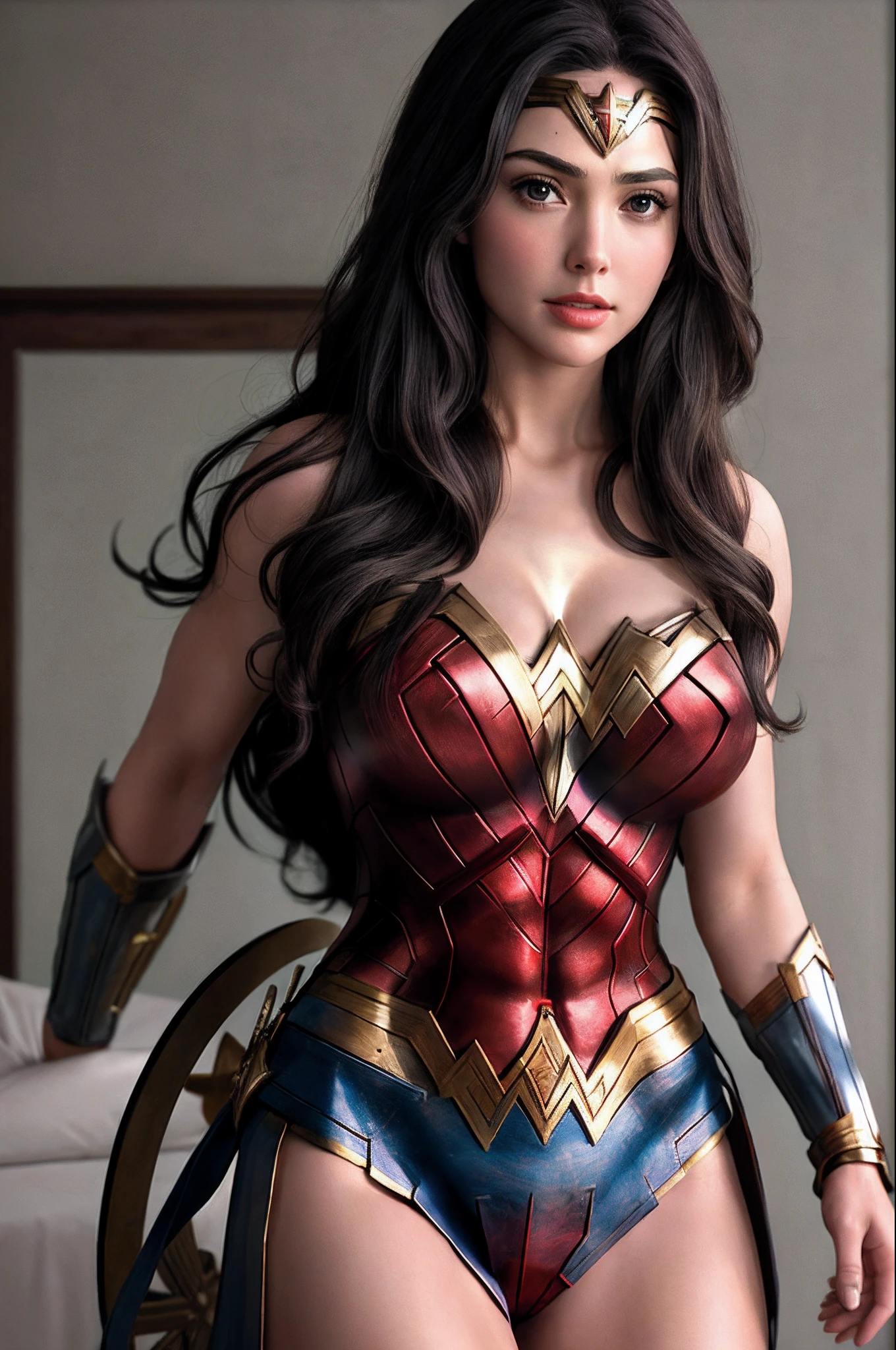 Best quality image, a close up of a wonder woman, Huge Breasts , long hair, Magnificent, nips