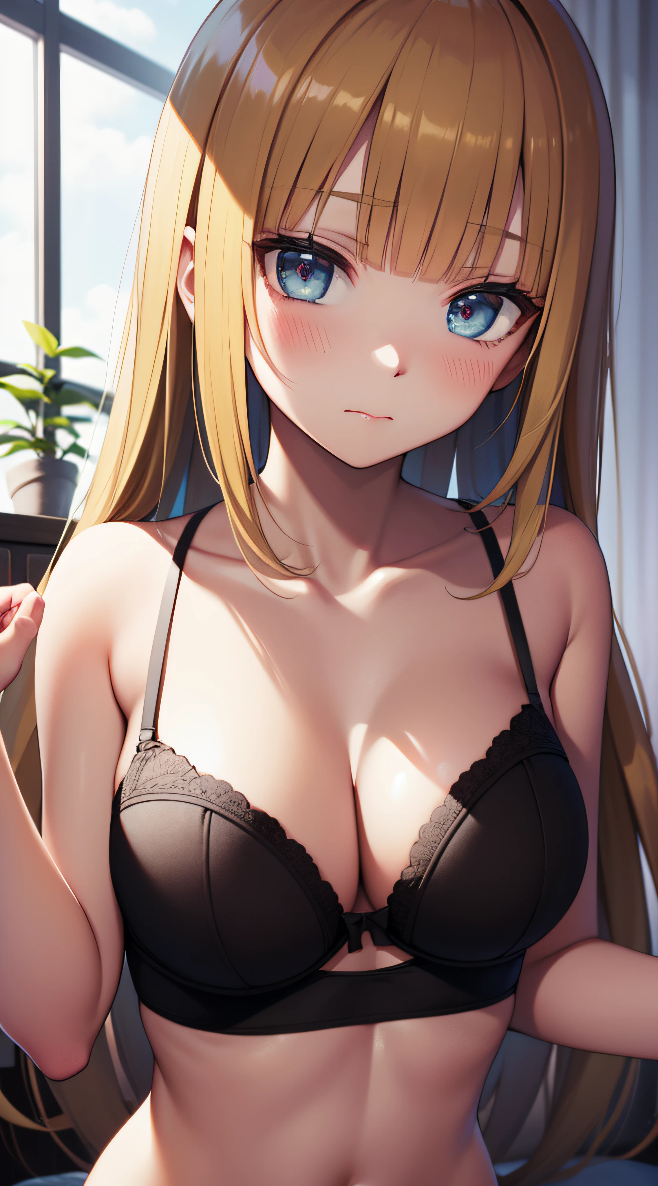 1karuizawa kei, kei karuizawa, 1gril, solo, beautiful female, cleavage, medium breasts, ((black bra)), indoor, bedroom, sitting on a bed, long hair, hair bangs, ((blonde hair)), long hair, lonely, natural light, ((close up, POV)), dynamic angle, masterpiece, best quality, high details, high quality, accurate, perfect pixel, textured skin, UHD, blushing, sad expression, beautiful eyes, detailed eyes, multicolor eyes, glowing eyes, perfect hands, perfect anatomy