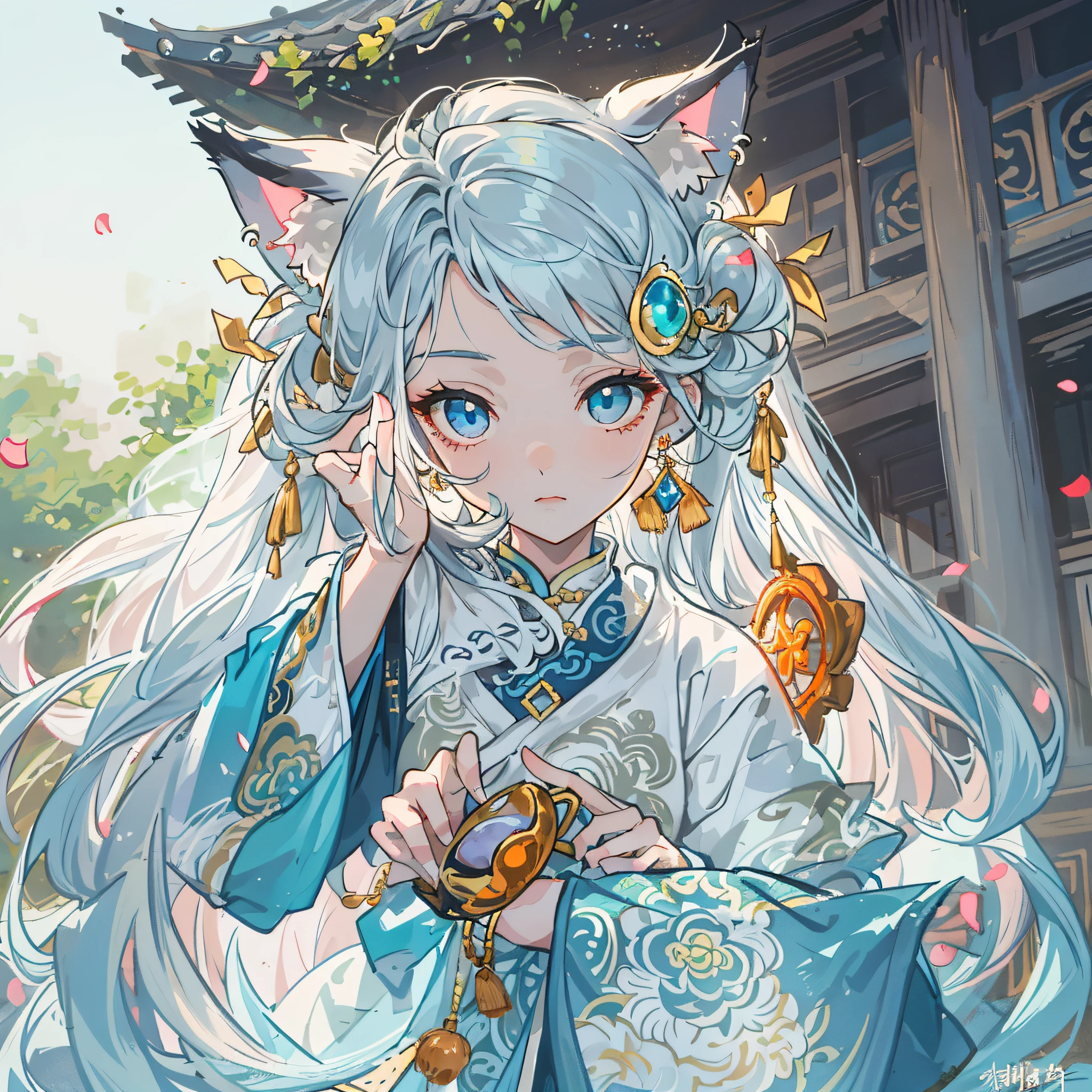 Mature girl ,Dark orange eyes,Blue-white hair color,Floating hair,Blue delicate and agile eyes,light blues,Intricate damask hanfu,Cat ears,faeries,goddes,Gorgeous accessories,Wearing pearl earrings,fov,f/1.8,tmasterpiece,Ancient Chinese architecture,blue-sky,Petals flying,Frontal portrait shot,Chang'e,Side lighting,The sun shines on people,16k