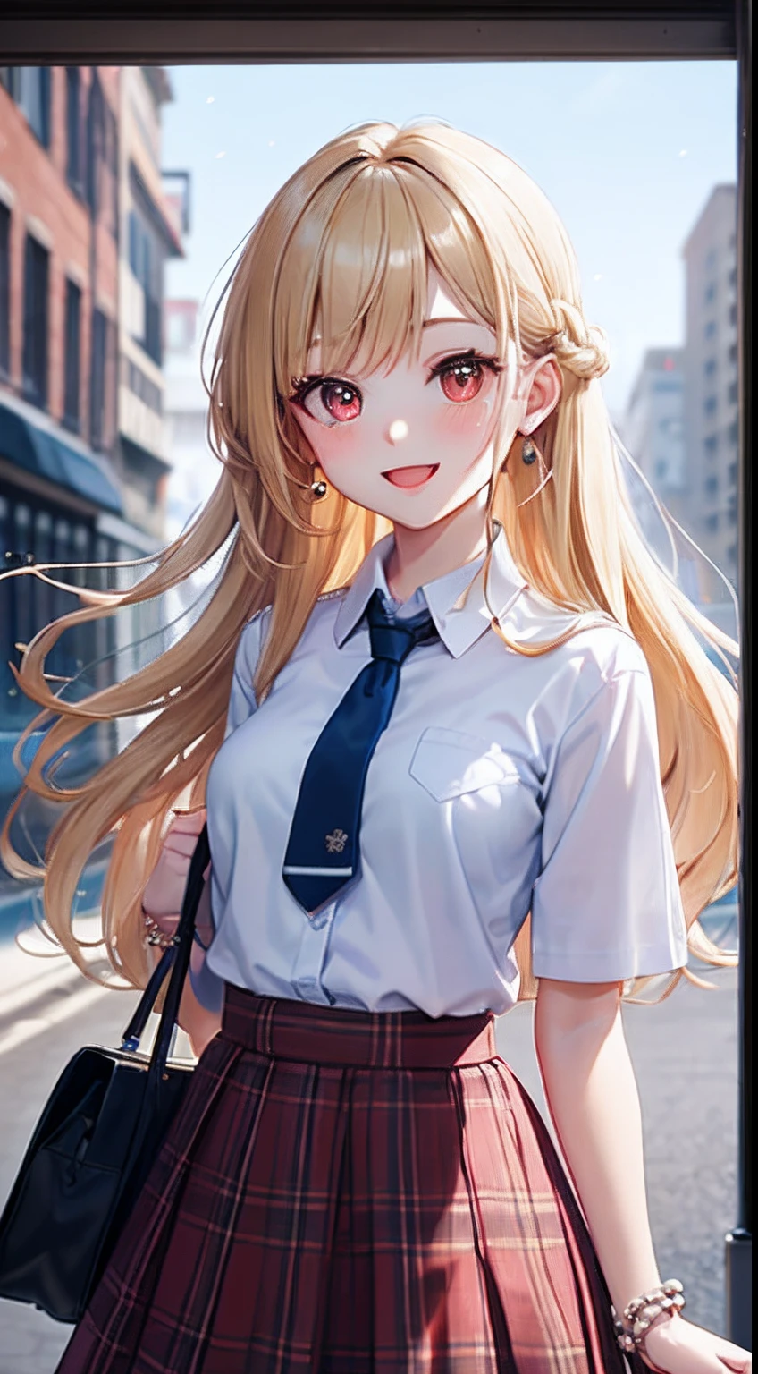 4K, Masterpiece, k hd, More ridiculous, natural volumetric lighting and best shadows, Deep depth of field, Sharp focus, soft, Delicate, beautiful attractive face, Cookie dolls, Anime style, Kitagawa Marine, 1girll, :D, torso, Pearl bracelet, pearls, black necktie, Blonde hair, Blue skirt, Blush, Bracelet, Cute, jewelry, Long hair, looking viewer, tie, Exaggerated smile, check, plaid skirts, Red eyes, school uniform, shirt, En plein air, Skirt, Smile,  Solo, standing, White background, White shirt,