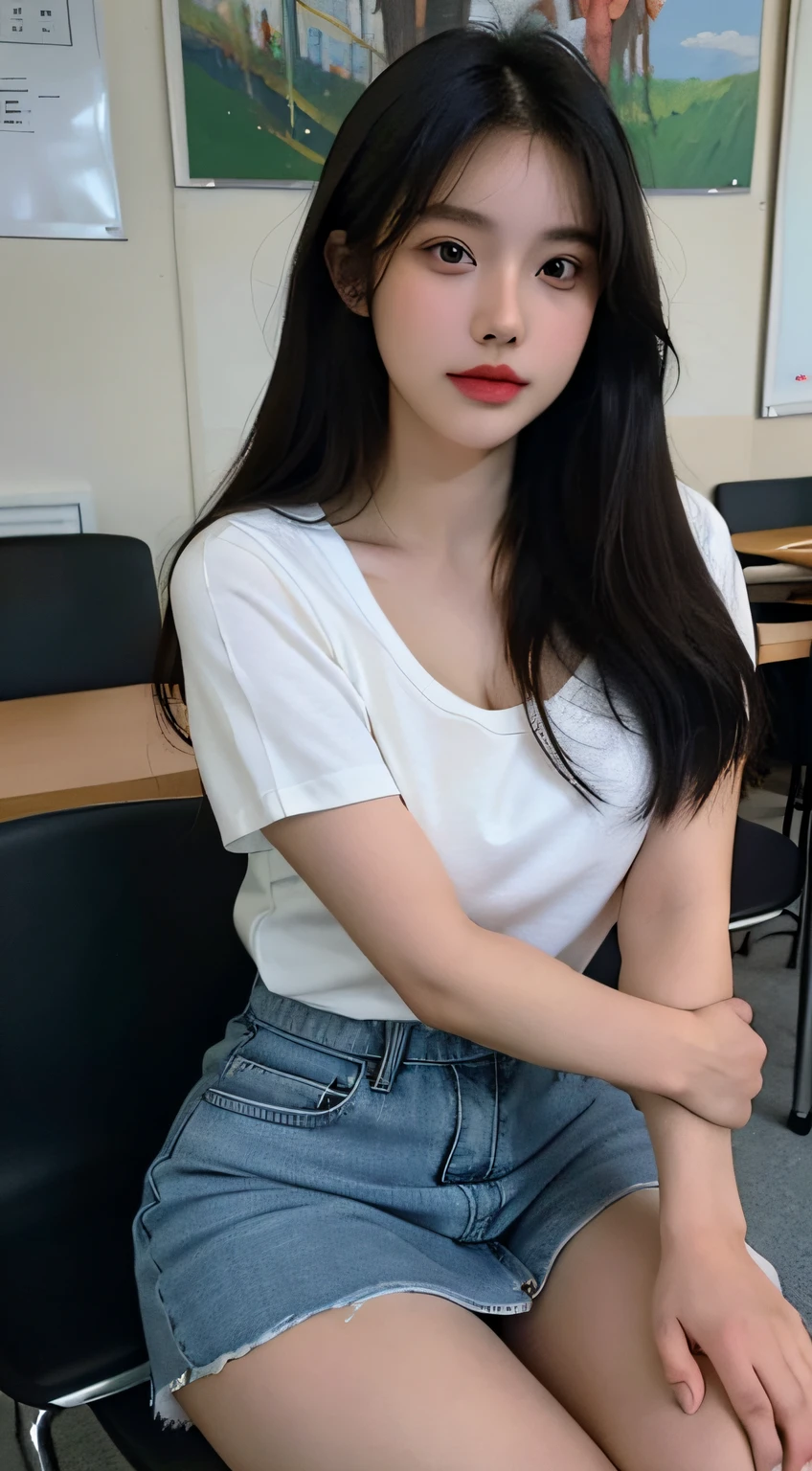 a RAW Photo of girl, (Masterpiece:1.5), Best quality, 超高分辨率, high detal, (Photorealistic:1.5), detail in face, Detailed eyes, Detailed face, 1girll, ((Solo)), full bodyesbian, (Medium breast:1.3), Pale skin, Quadriceps hair, school uniform, Short skirt, Long socks, in class room, improper sitting, Wide thighs, crotch visible, People looked at her, Focus on the viewer