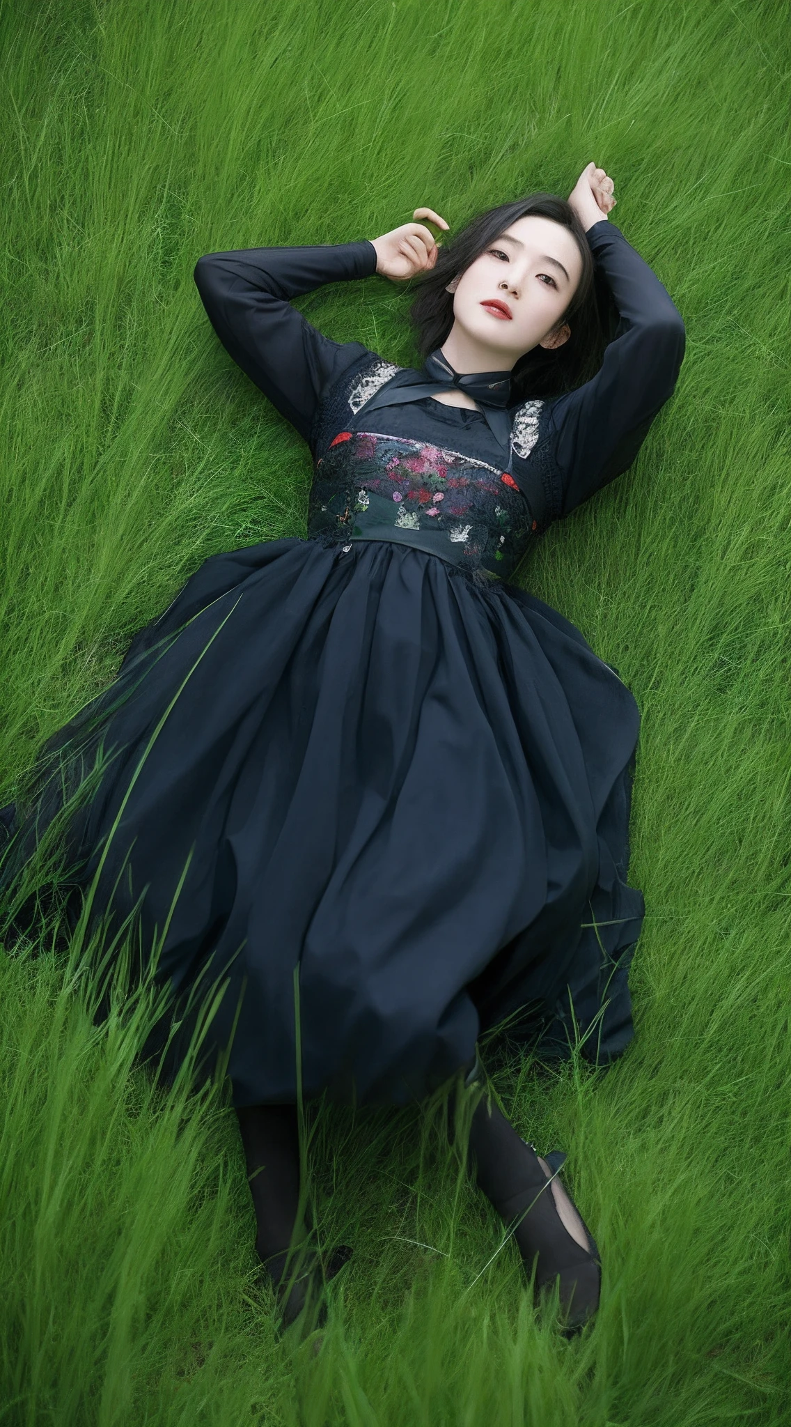 Liu Yifei,nakeness,scissor hands,grass field