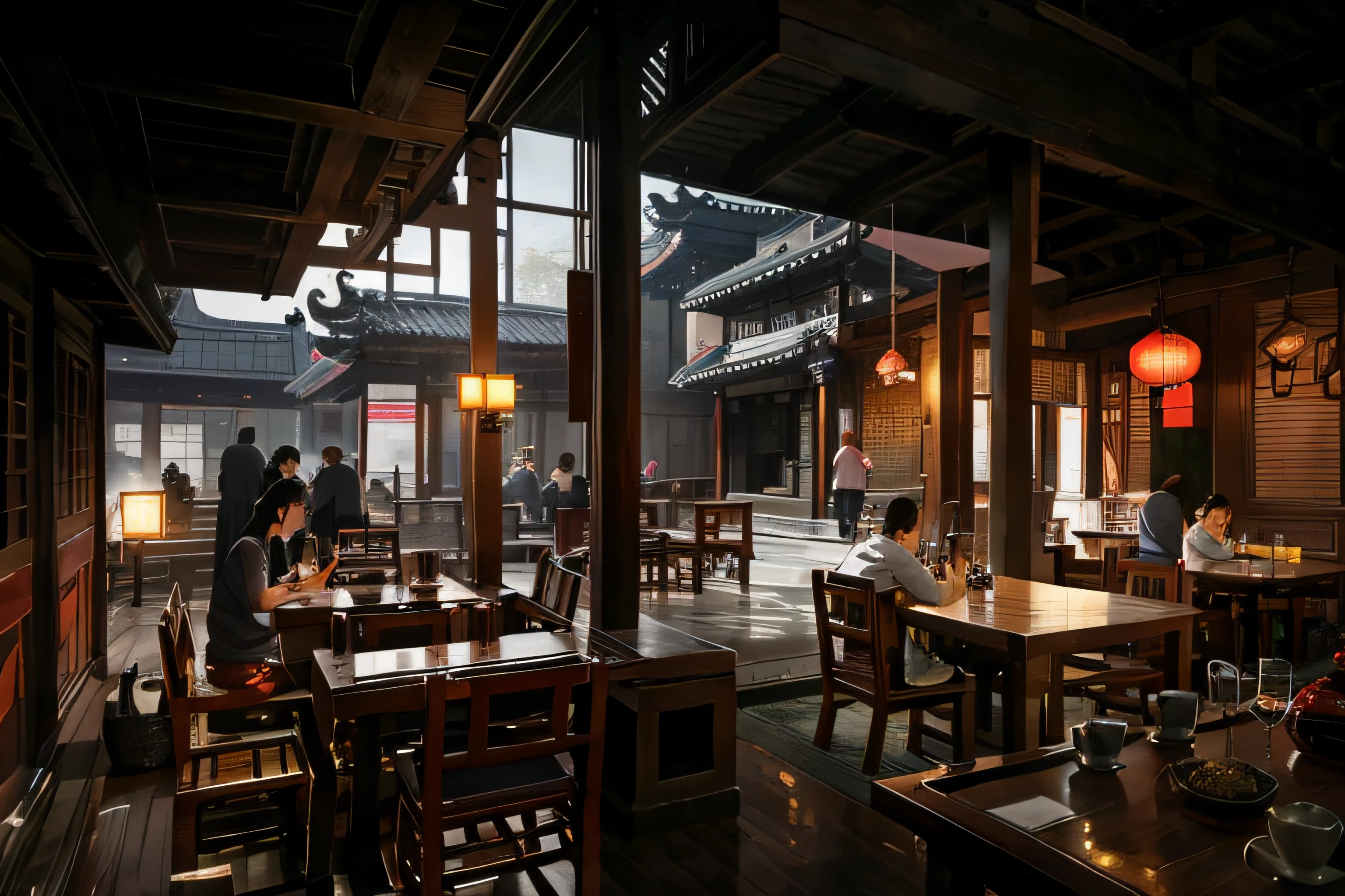 Wide-angle interior，tea house，Chengdu Old Teahouse，Old teahouse，tile-roofed house，lots of people，Sit down and drink tea，well-illuminated